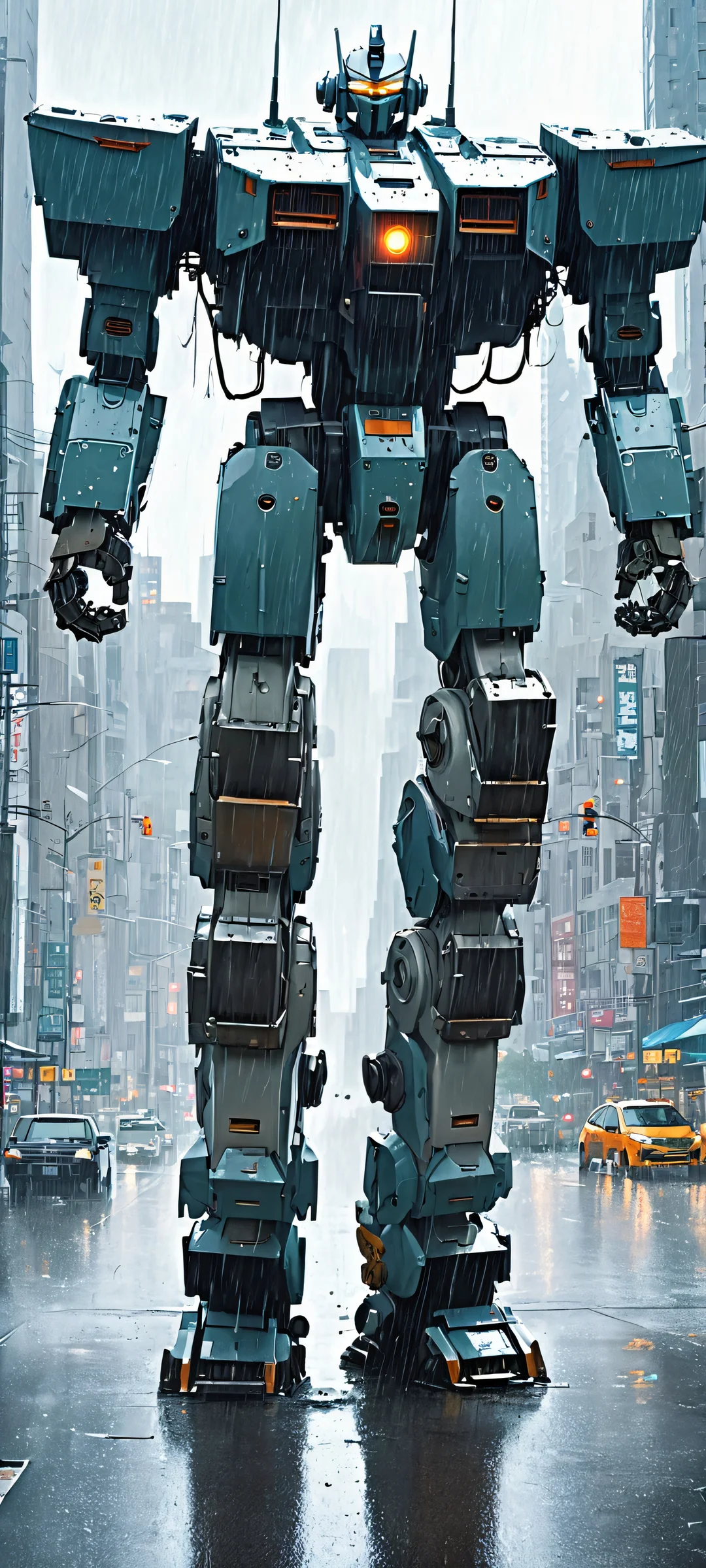 Mecha Masterpiece in the Rain Aesthetic Phone Wallpaper Heavy mecha robot standing tall in a rainy cityscape, perfectly optimized for iPhone and Android home screens.