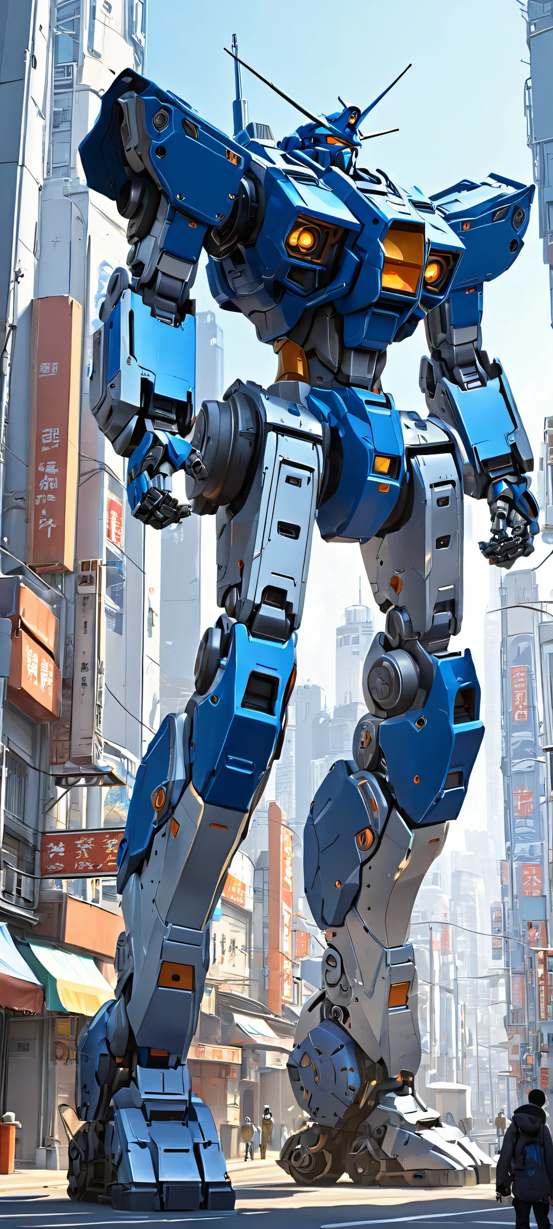 A stunning mecha cityscape at daytime with metallic blues and greys, optimized for iPhone and Android devices.