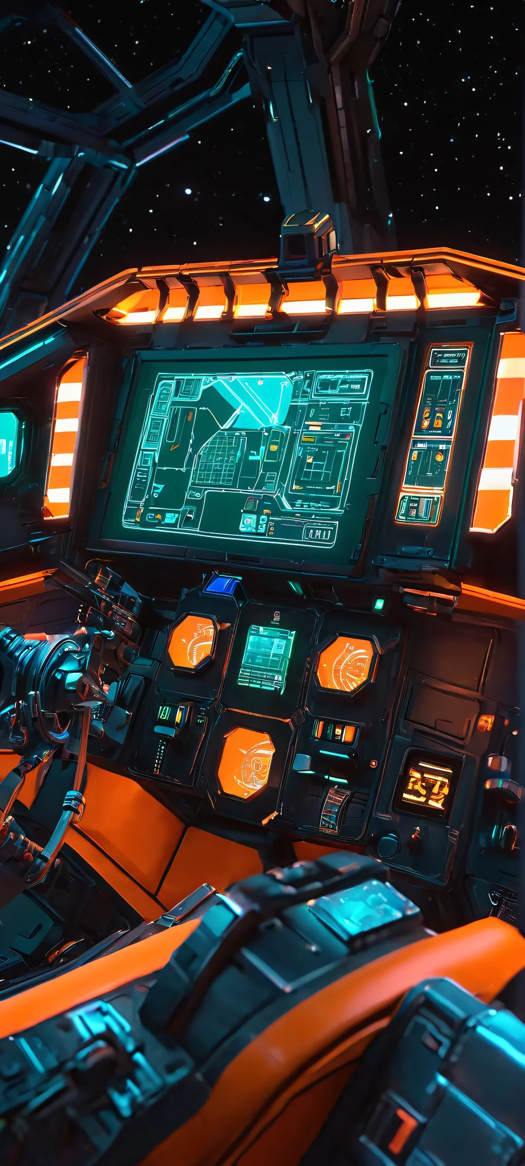 iPhone and Android compatible mecha pilot cockpit wallpaper with a stunning space station and glowing neon lights. Perfect for your mobile device home screen.