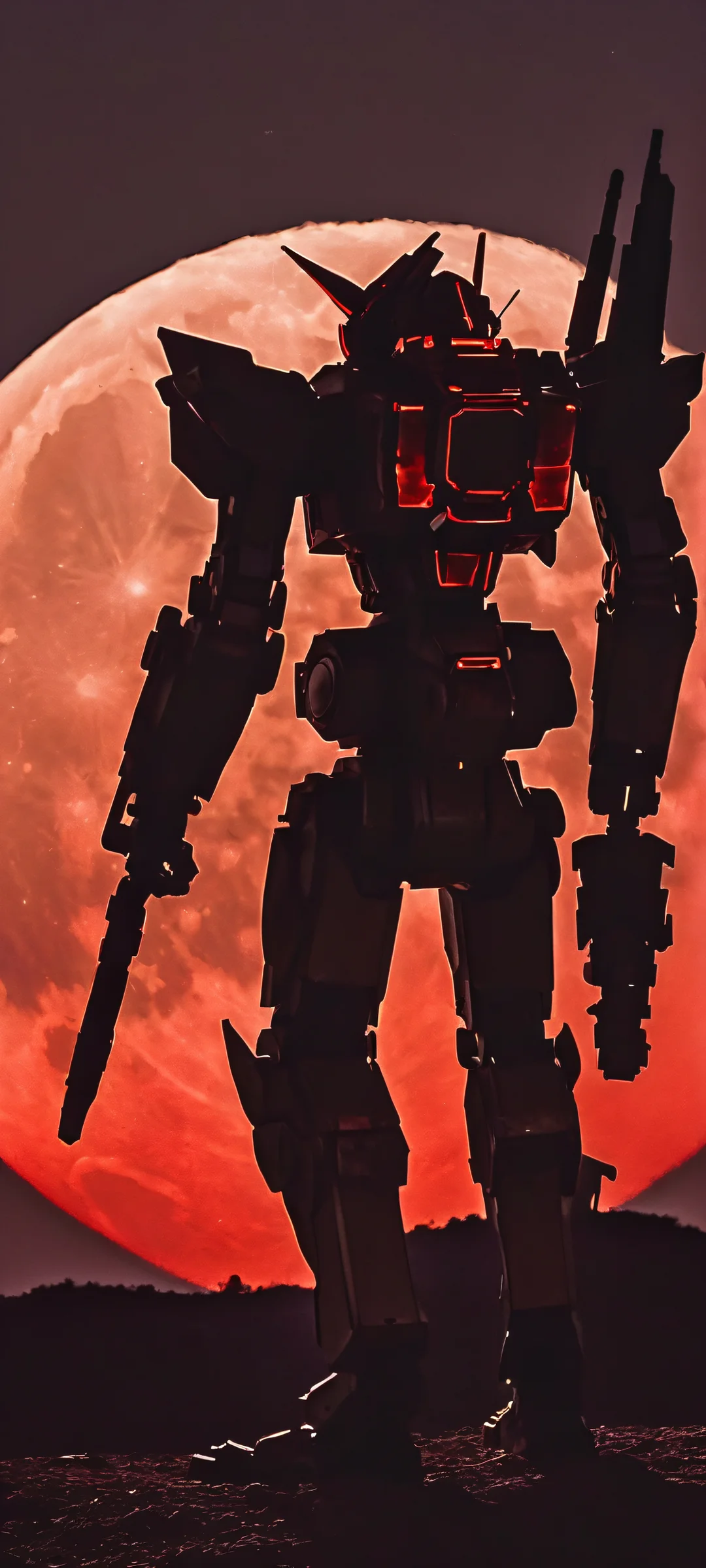 Heavy mecha silhouette against a deep red moonlit sky on an iPhone or Android phone. Perfectly optimized for home screens.