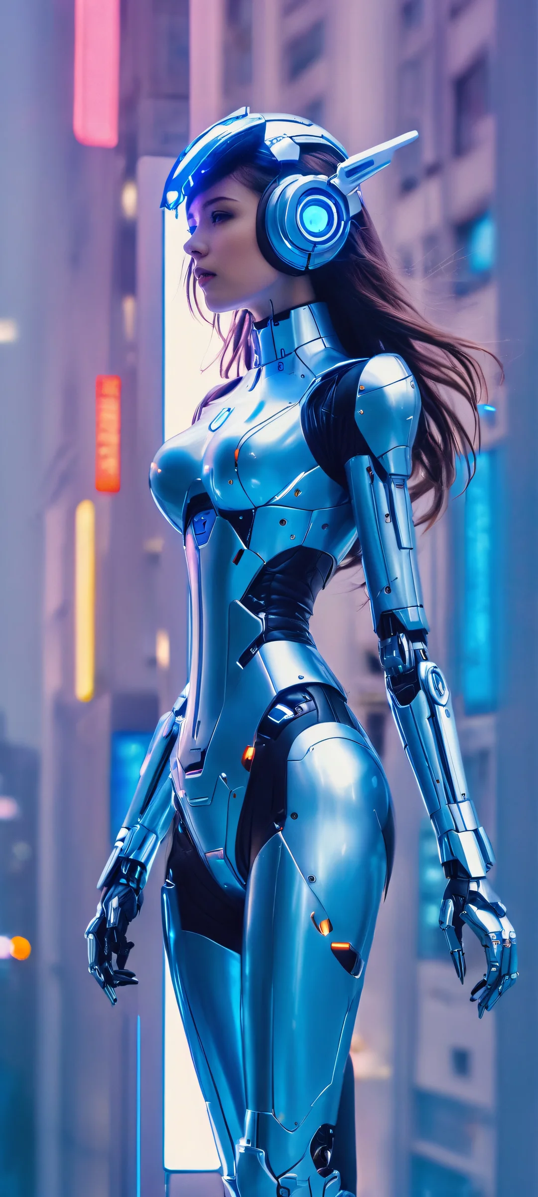 A stunning MechaGirl illustration against a vibrant DigitalCity backdrop, perfect for iPhone/Android home screens.