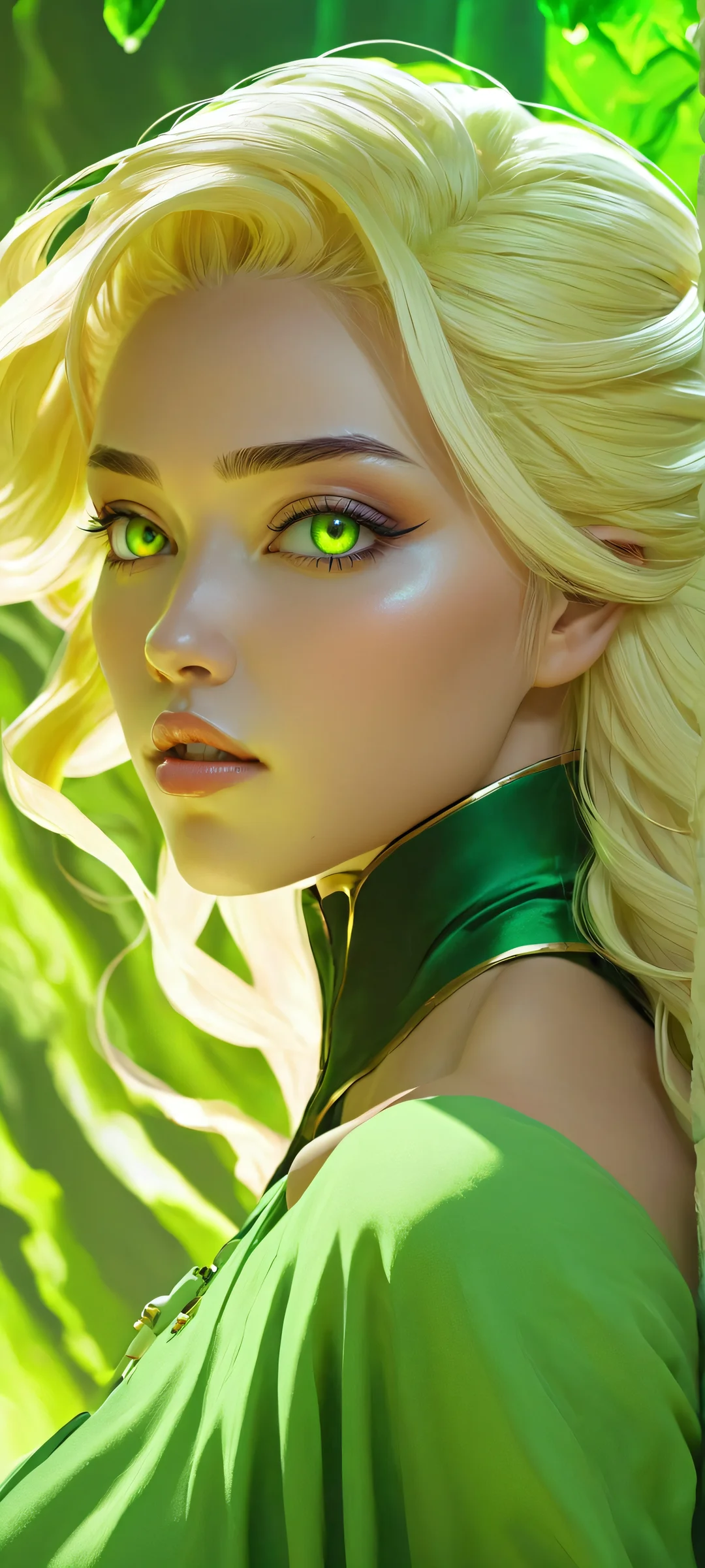 A serene digital art depiction of Melinoe and Ozone against a stunning green background, perfect for iPhone/Android home screens.