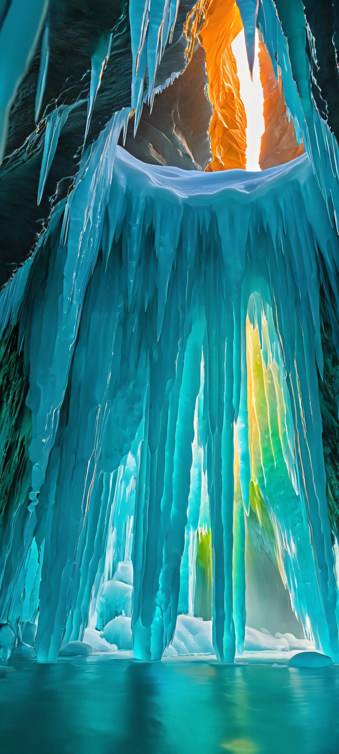 Melting Ice Cave 2K QHD Mobile Wallpaper Breathtaking underwater cave featuring melting ice formations on iPhone and Android devices.
