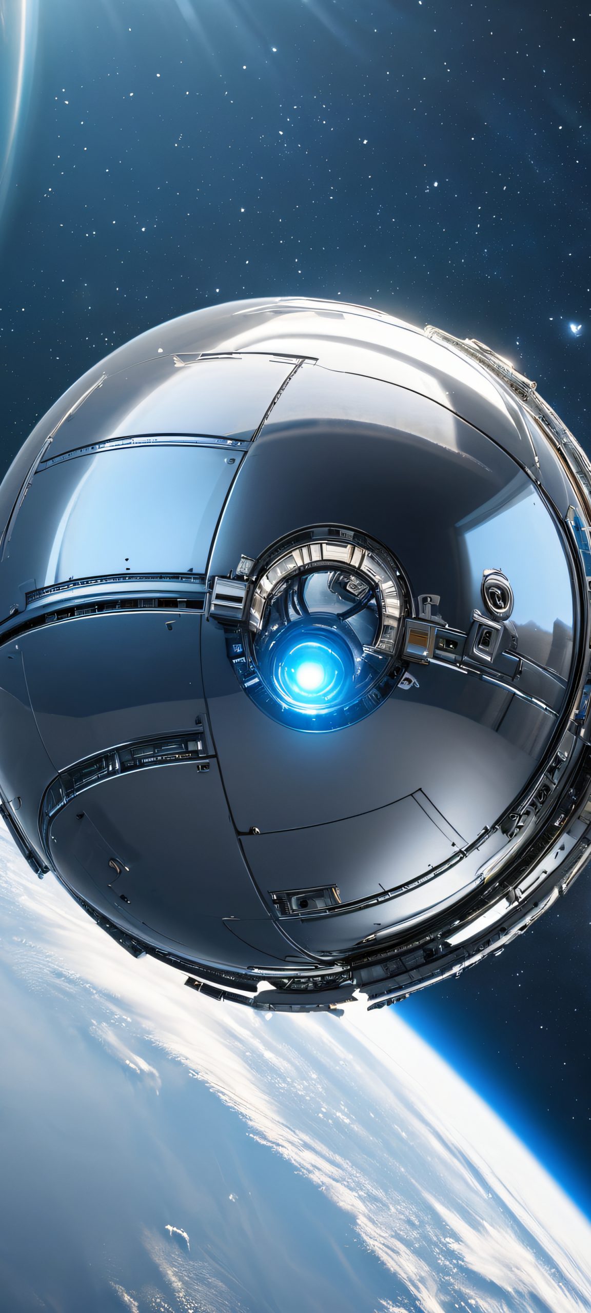 Explore the surreal intersection of metallic orb and space station, perfectly suited for iPhone/Android home screens.