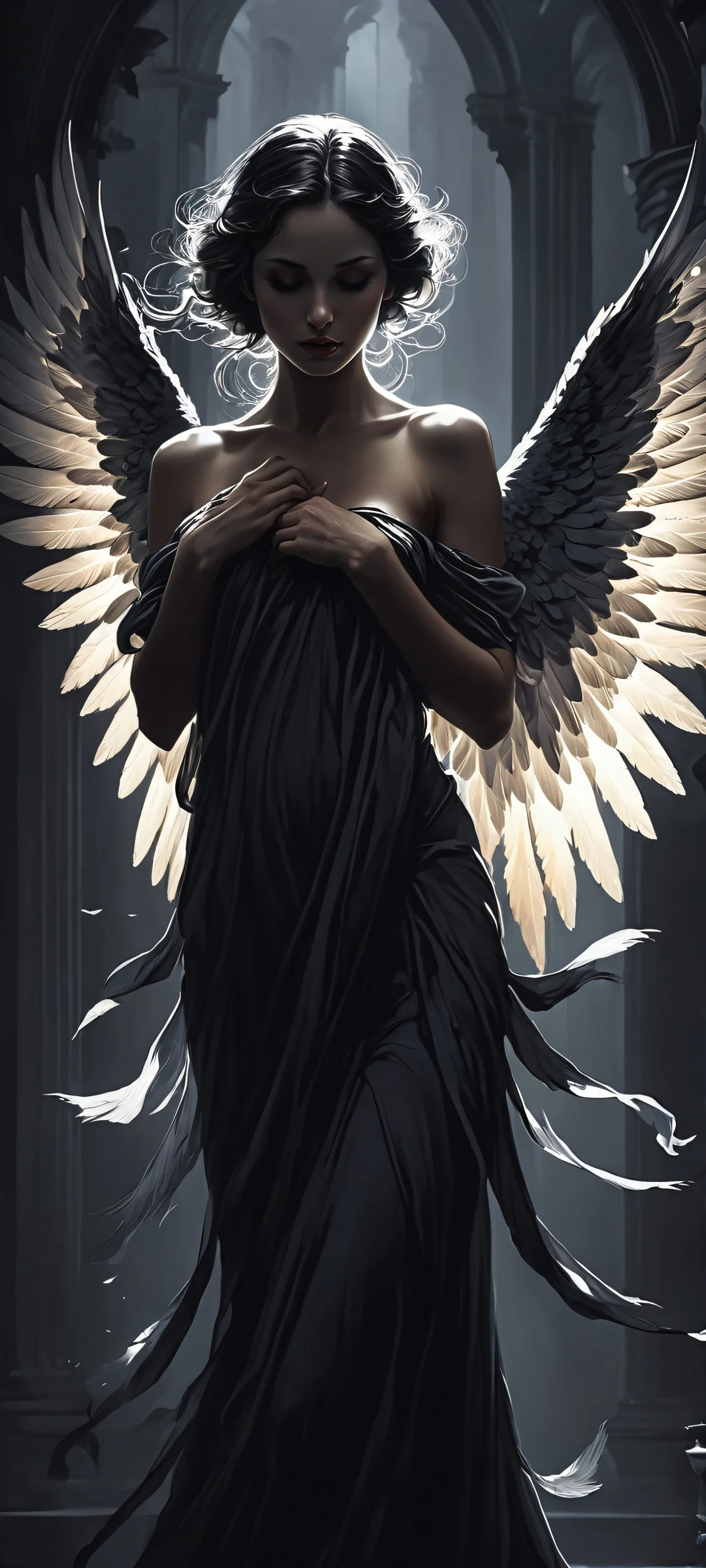 A beautiful vertical mobile phone wallpaper of an angel at midnight, with a soft-glow effect, perfect for iPhone/Android home screens.