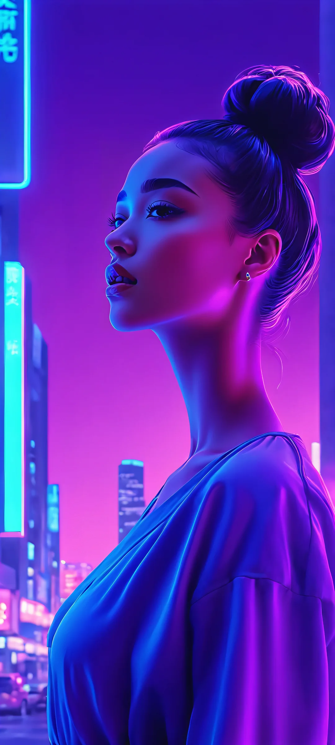 Women enjoying the cityscape at night on an iPhone or Android device with a vaporwave theme and purple-blue hues.