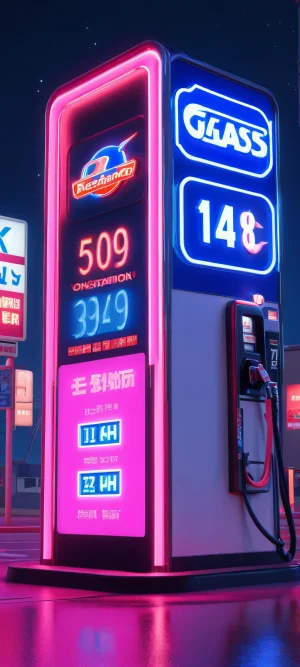 iPhone and Android phone background with a neon-lit gas station ground price sign on a midnight city street.