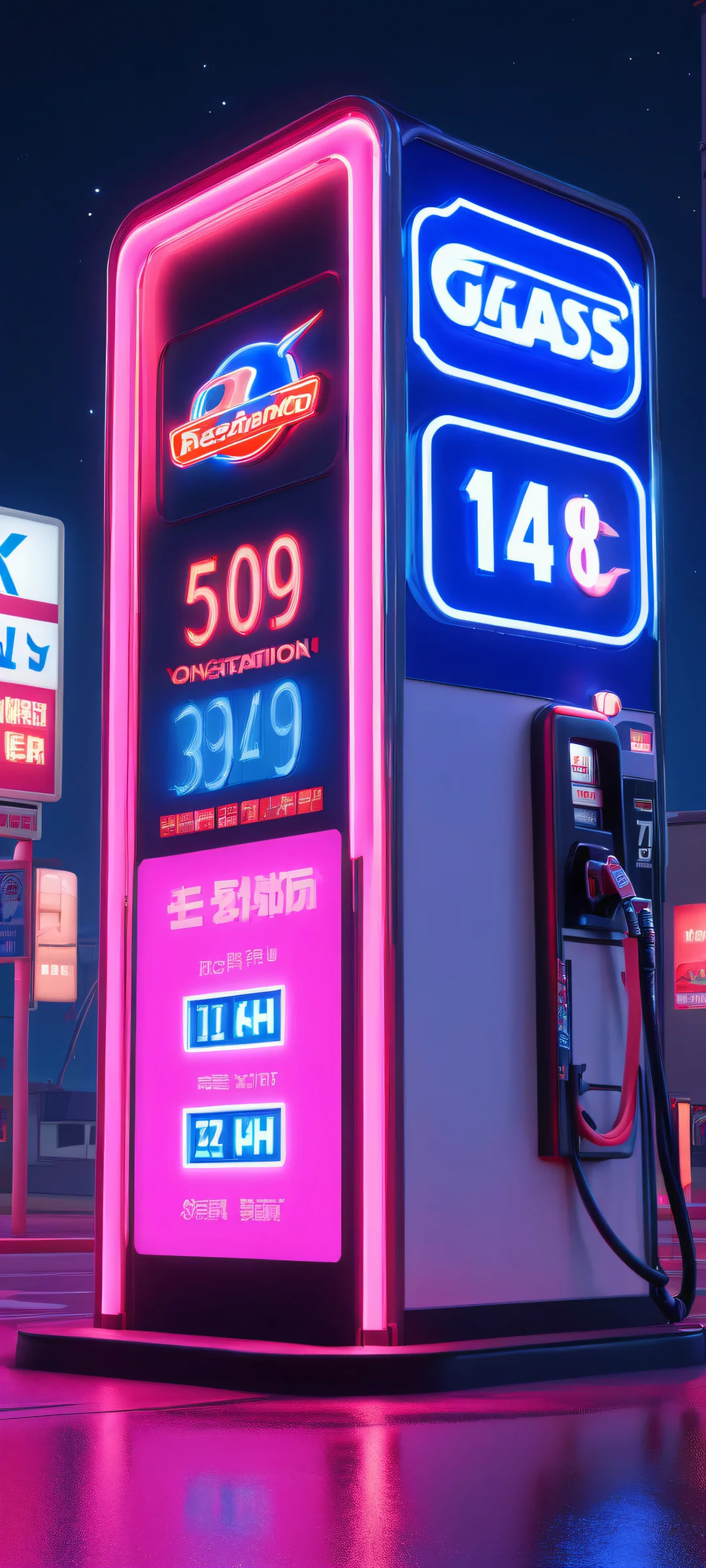 iPhone and Android phone background with a neon-lit gas station ground price sign on a midnight city street.