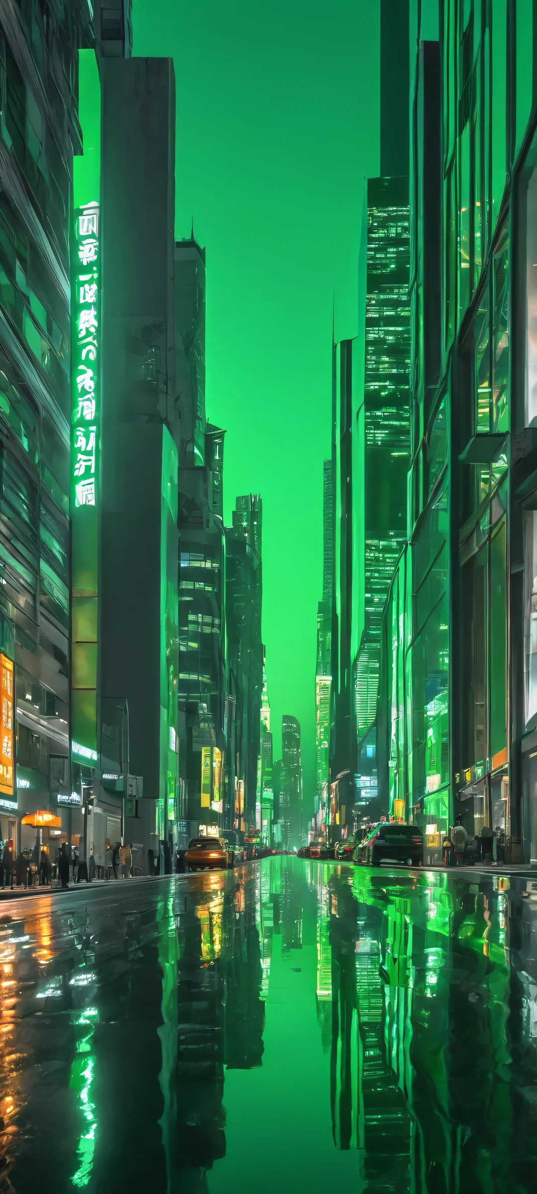 A stunning cityscape at night with a perfect reflection of the towering skyscrapers in a dark gray-green pool. Ideal for iPhone/Android home screens.