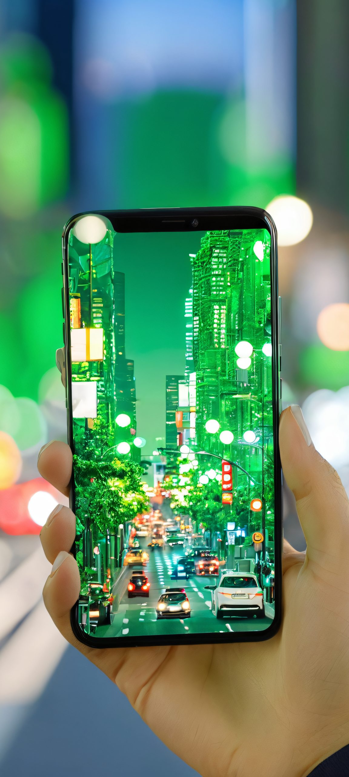 Midnight Cityscape QHD Phone Background A serene and vibrant cityscape at night, perfectly suited for iPhone and Android devices, with stunning green and white hues