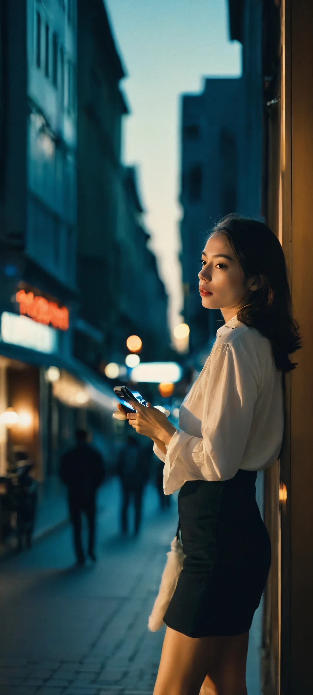 A stunning digital artwork of a woman against a dark and moody cityscape at night, perfectly optimized for iPhone, Samsung Galaxy, and Android home screens.