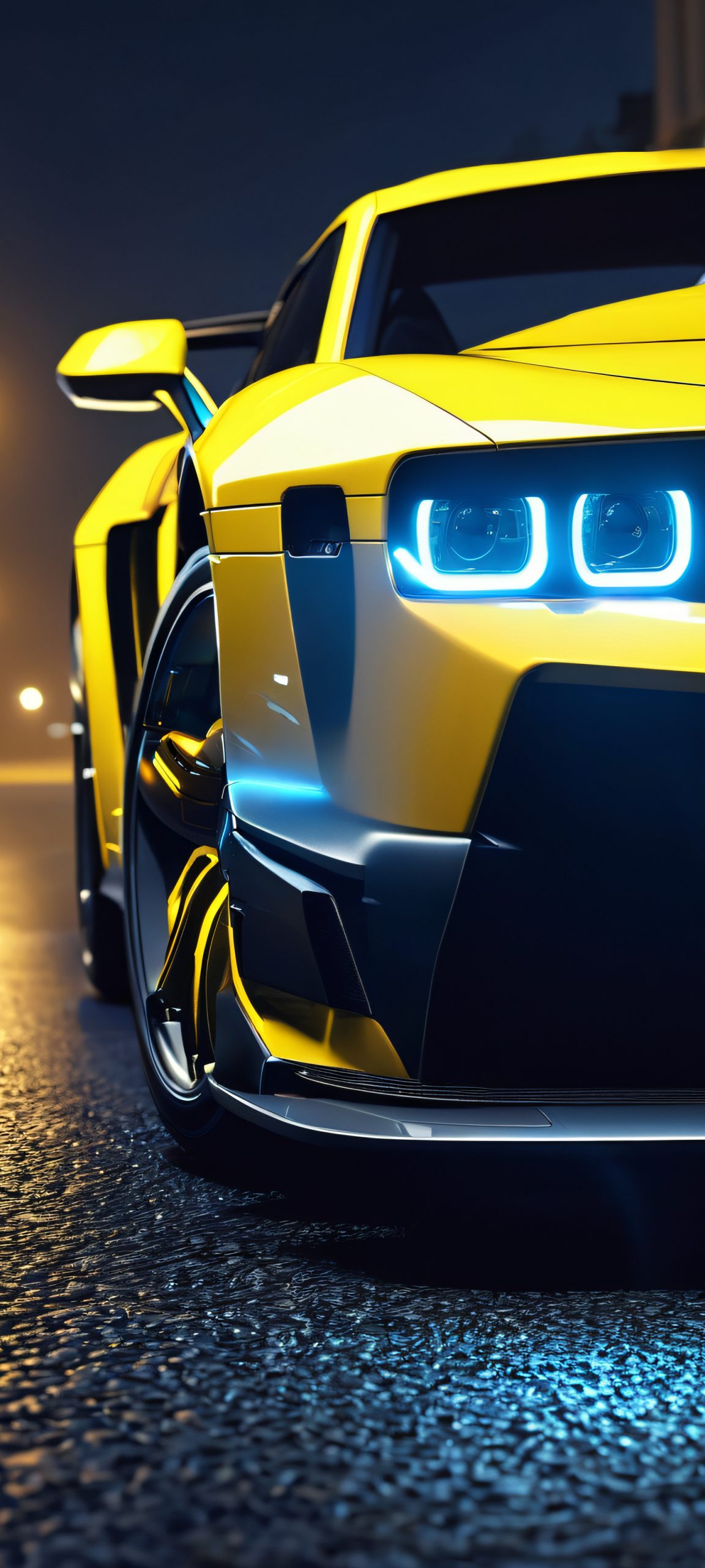 A realistic nighttime scene of a car's headlights shining bright on a dark blue background, perfect for iPhone/Android home screens.