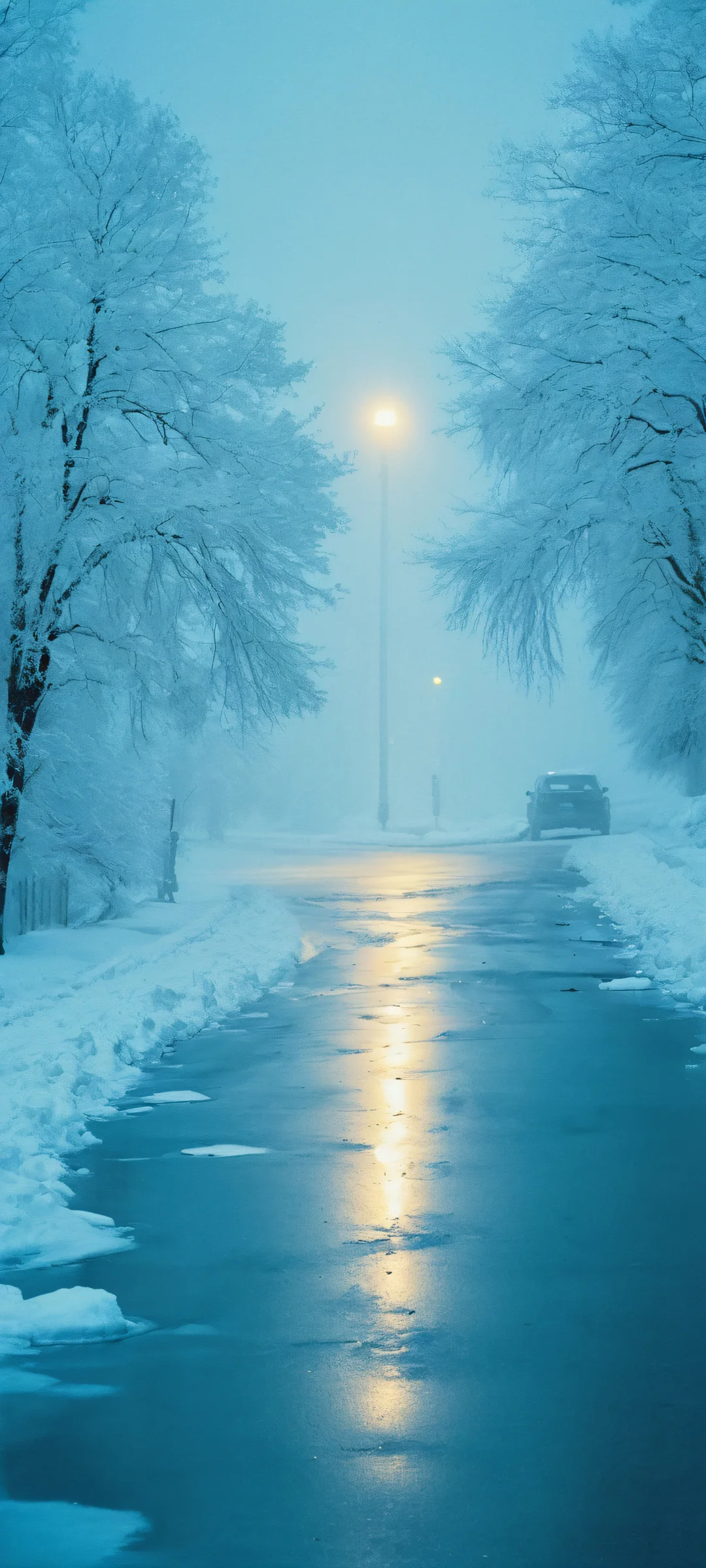 Midnight Eclipse QHD Smartphone Background iPhone and Android users, behold this stunning snowy night scene of conflict with a mysterious glow, featuring deep blues, icy whites, and golden hues. A true masterpiece of dark fantasy.