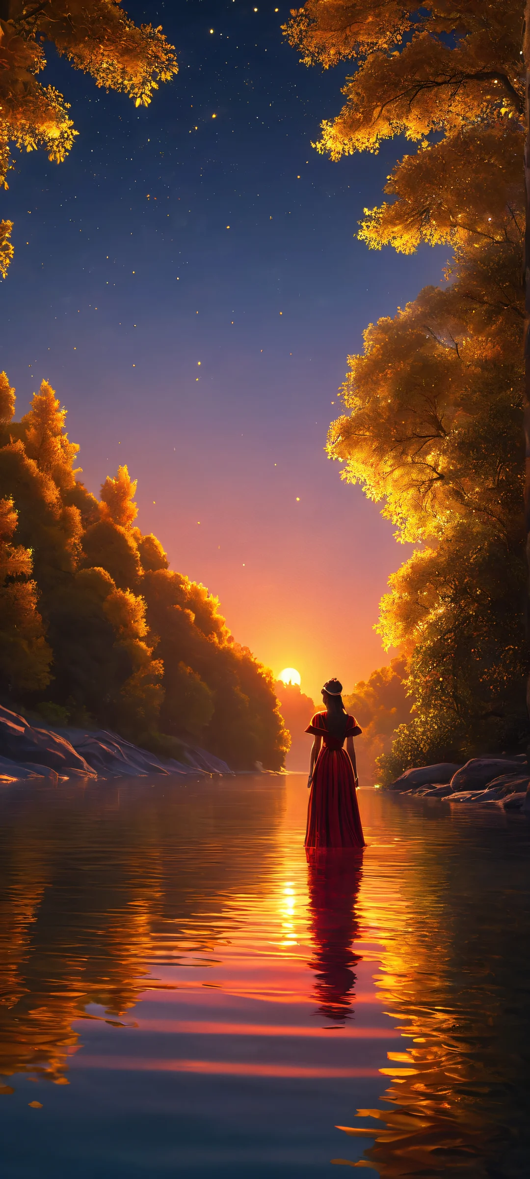 Mysterious figure reflected in a river at night, golden crown lit by deep crimson and gold hues. Perfect for iPhone/Android home screens.