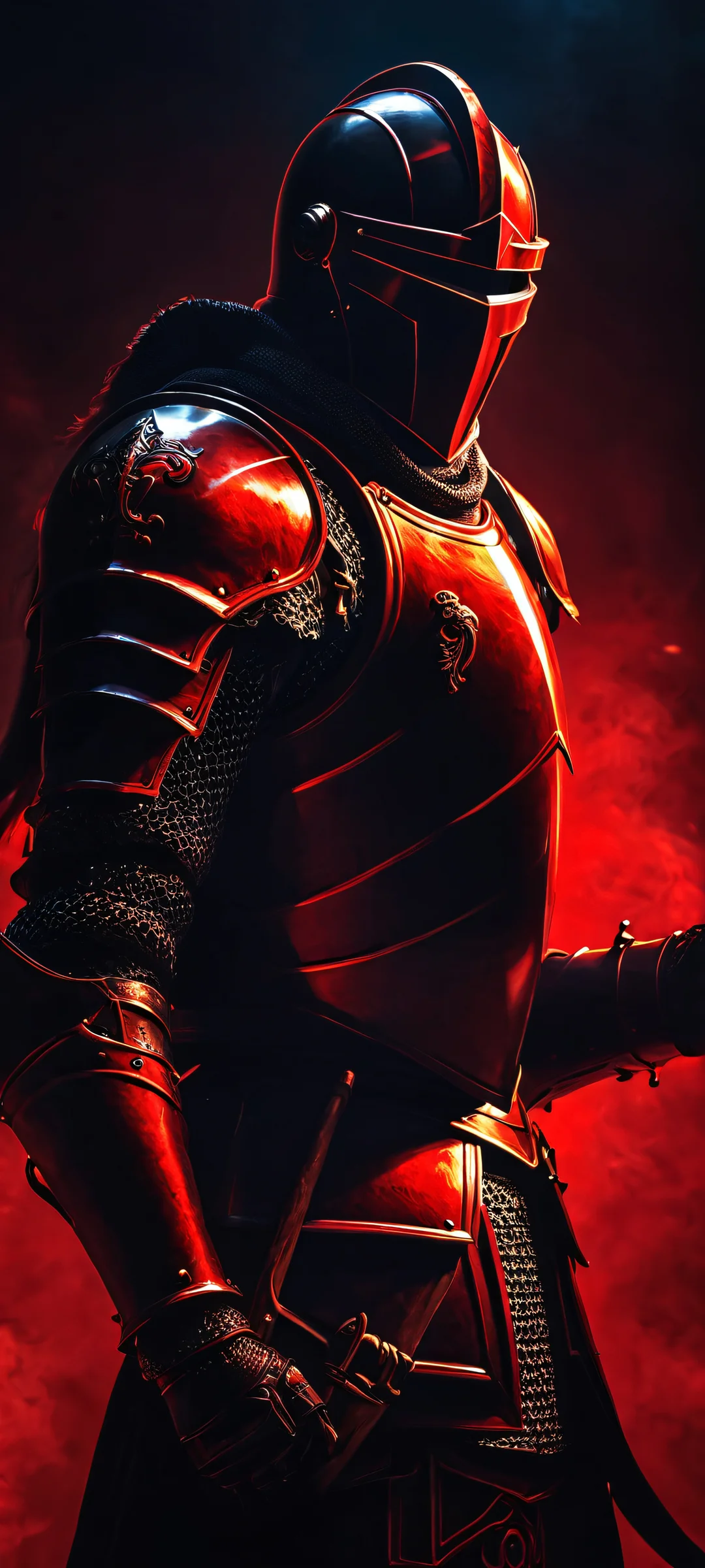 Epic fantasy artwork of a glowing knight on a dark background for iPhone and Android mobile devices.