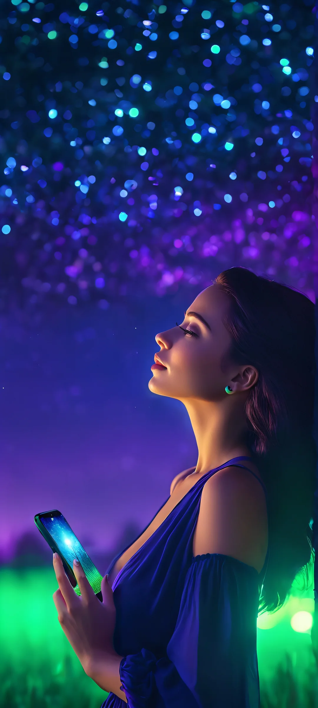 Woman standing amidst a vibrant blue-green-purple bokeh-like effect at night, perfect for iPhone/Android home screens.