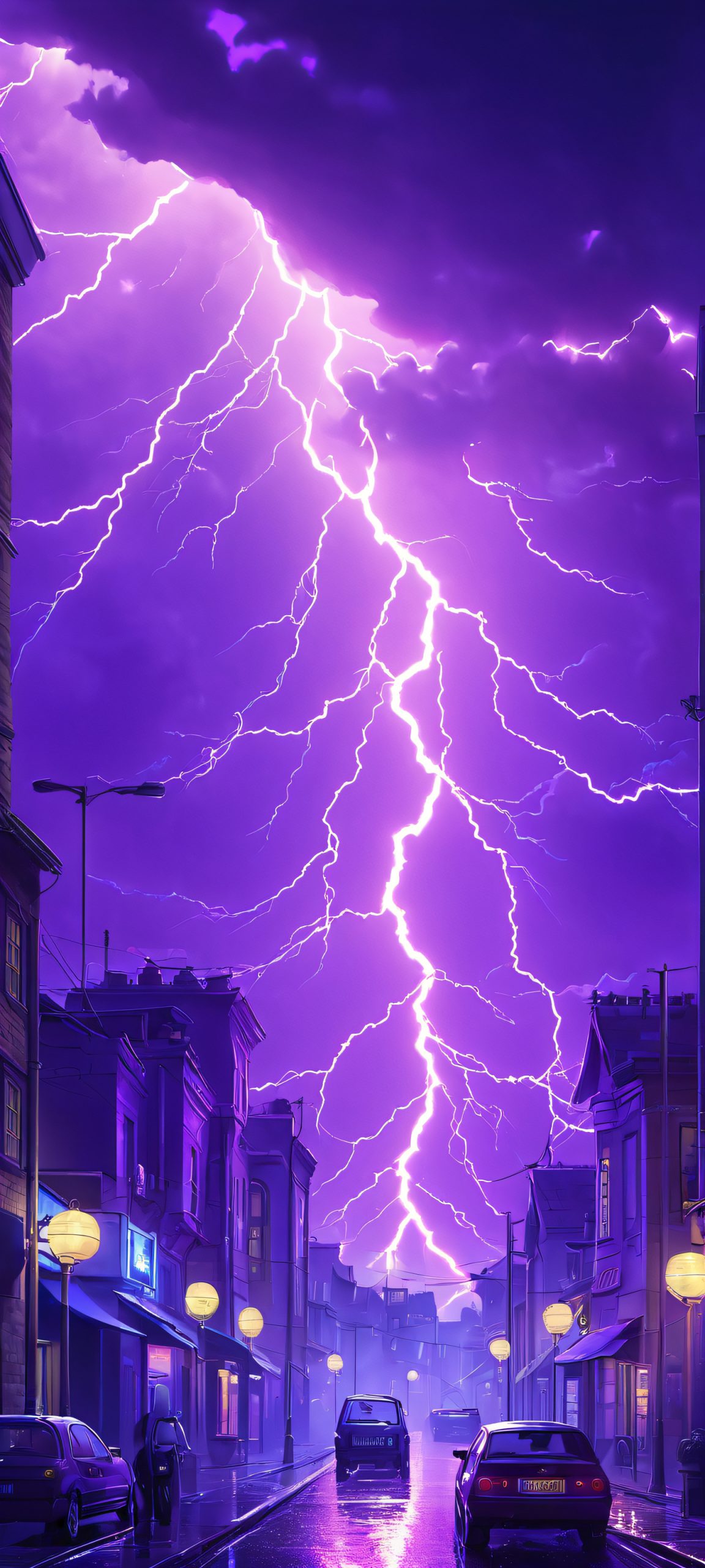 Midnight Majesty Aesthetic Phone Wallpaper A stunning vertical mobile wallpaper of a majestic cityscape at sunset, lit by purple lightning, perfectly suitable for iPhone/Android devices.