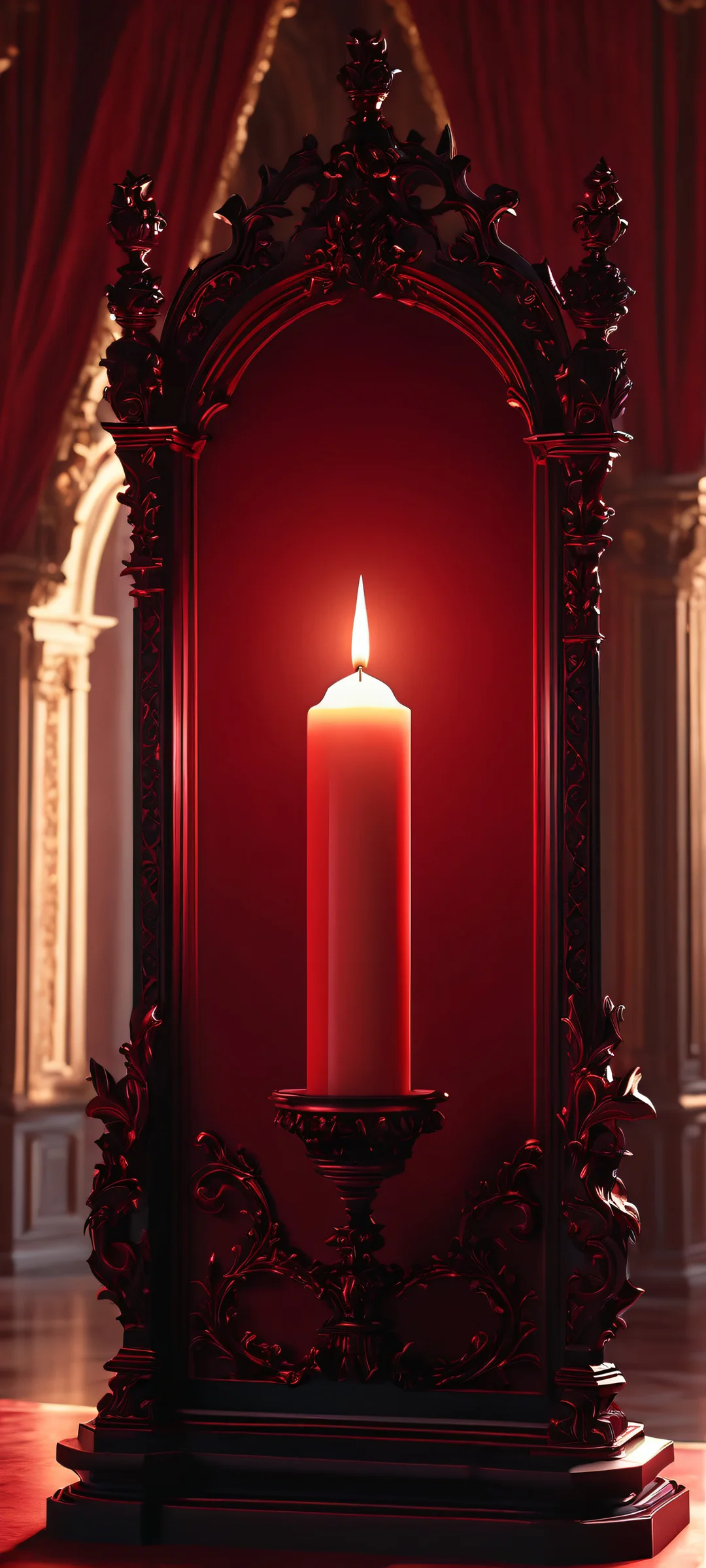 A stunning vampire lord silhouette against a candlelit Baroque castle backdrop, perfectly optimized for iPhone and Android devices.