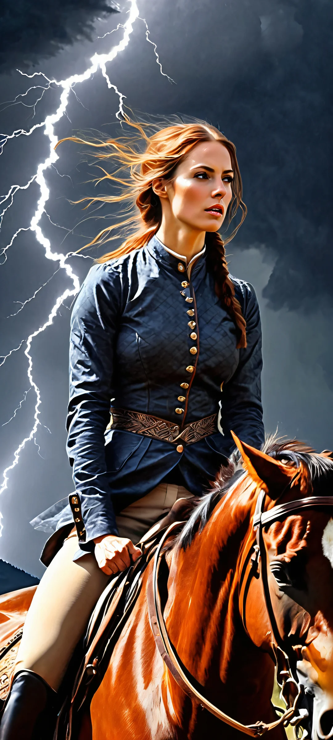Woman on horse riding through a midnight mountain storm with lightning illuminating the dark sky - perfect for iPhone/Android home screens