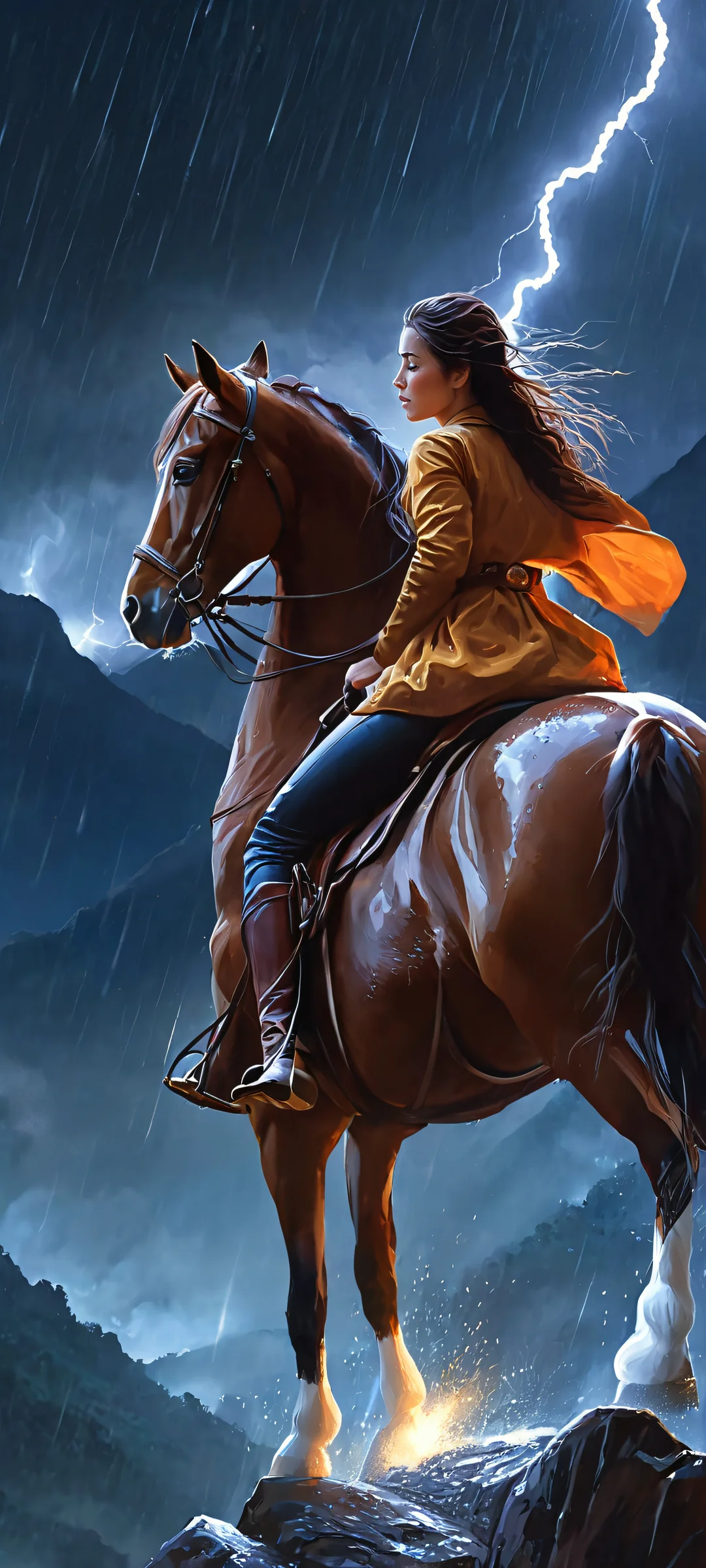 Midnight Majesty 2K Phone Wallpaper Woman on horseback amidst a midnight storm in the mountains, oil painting with auburn and dark tones, perfect for iPhone and Android home screens.