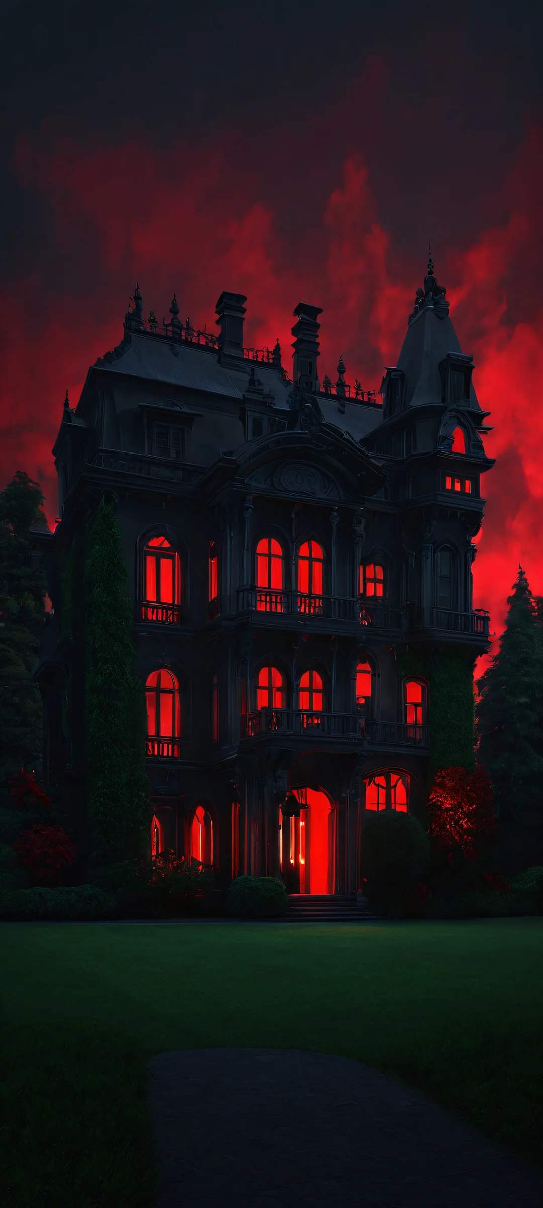 A dark and spooky mansion at midnight, perfectly optimized for iPhone and Android home screens.