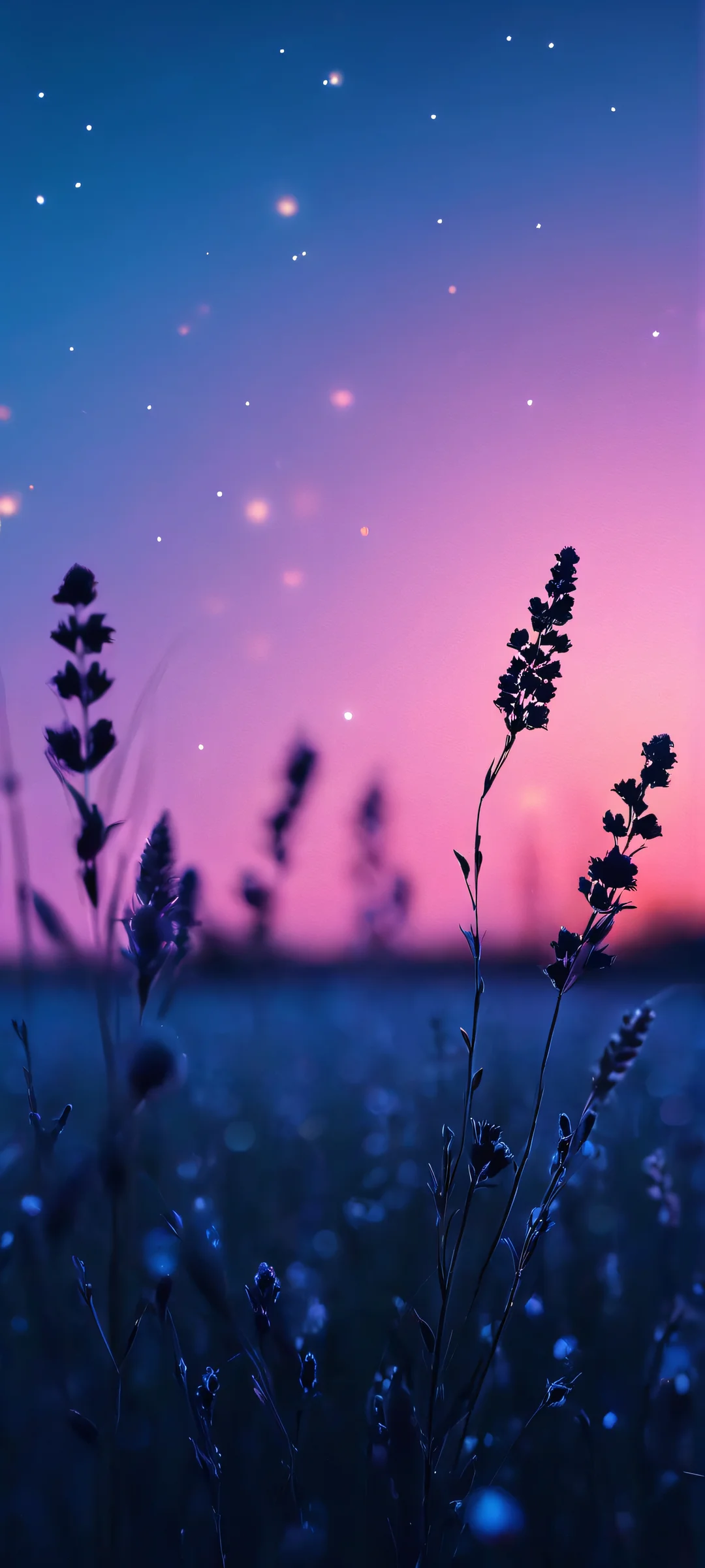 Silhouette of a fantastical landscape at midnight, with vibrant bokeh lights and a cold atmosphere, perfekt optimiert für iPhone/Android-Startbildschirme.