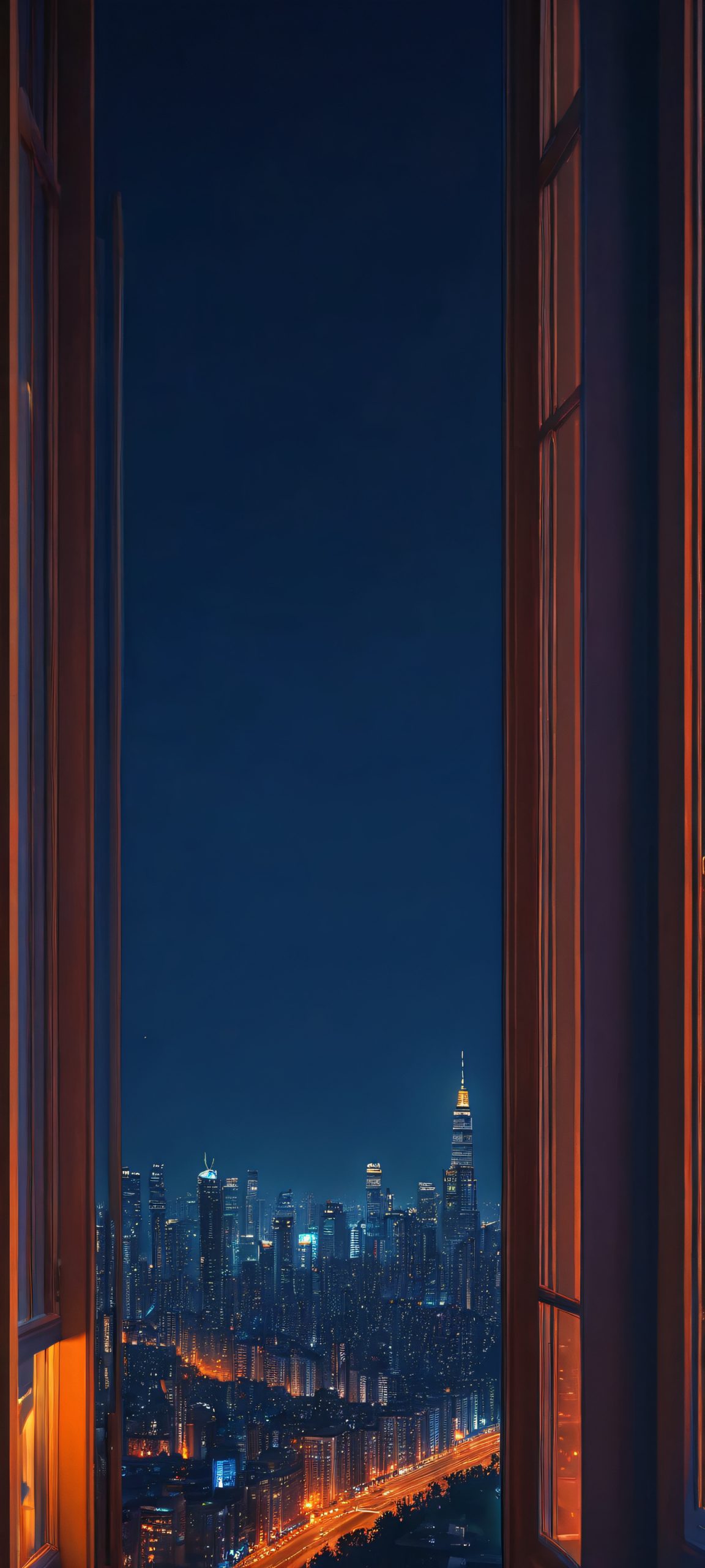 Midnight Metropolis 2K QHD Mobile Wallpaper A stunning cityscape at night, illuminated by window glows on a dark blue background, perfect for iPhone and Android devices.