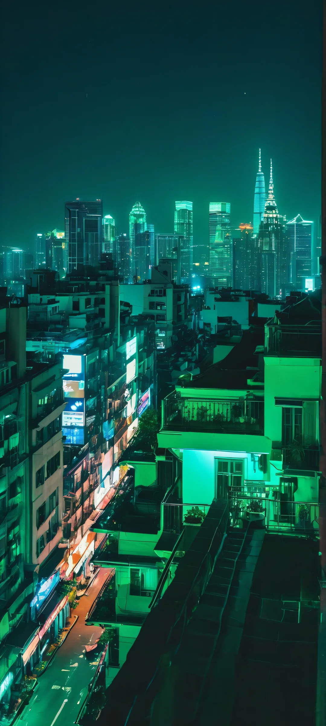 iPhone/Android wallpaper featuring a stunning nighttime cityscape with neon accents and deep blues.