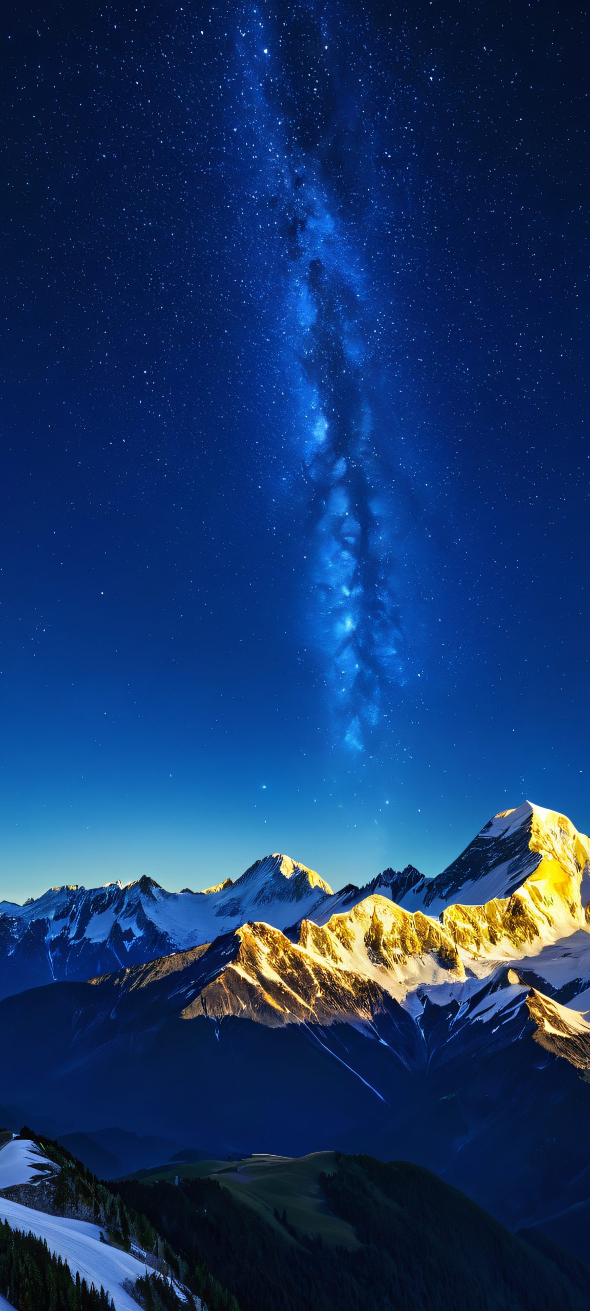 iPhone/Android users, behold the breathtaking mountain range under a starry night sky, with twinkling stars shining bright like diamonds against the midnight blue and golden yellow hues of the landscape.