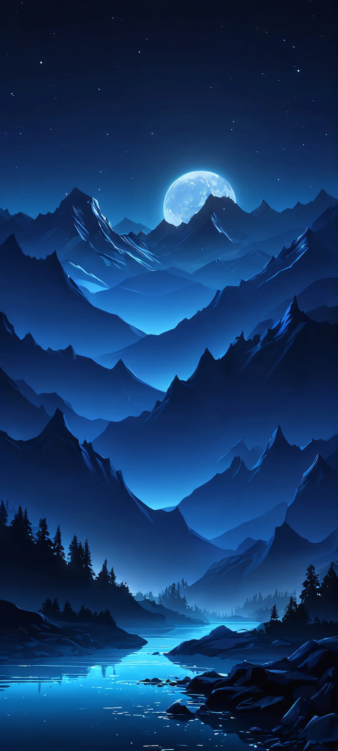 A serene and majestic mountainside at midnight, perfectly suited for your iPhone or Android home screen.