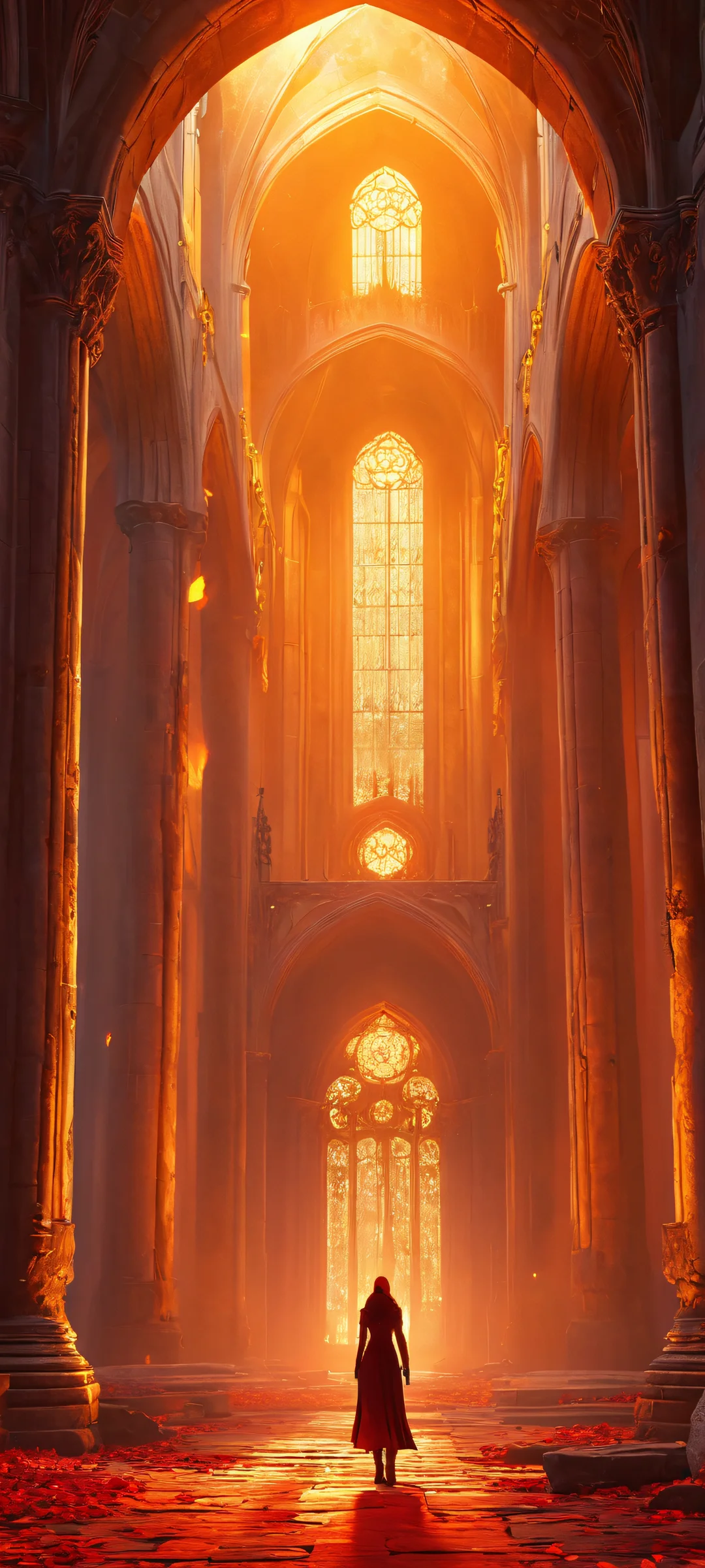 Mysterious figure in an abandoned cathedral lit by flickering torchlight - perfect for iPhone and Android home screens