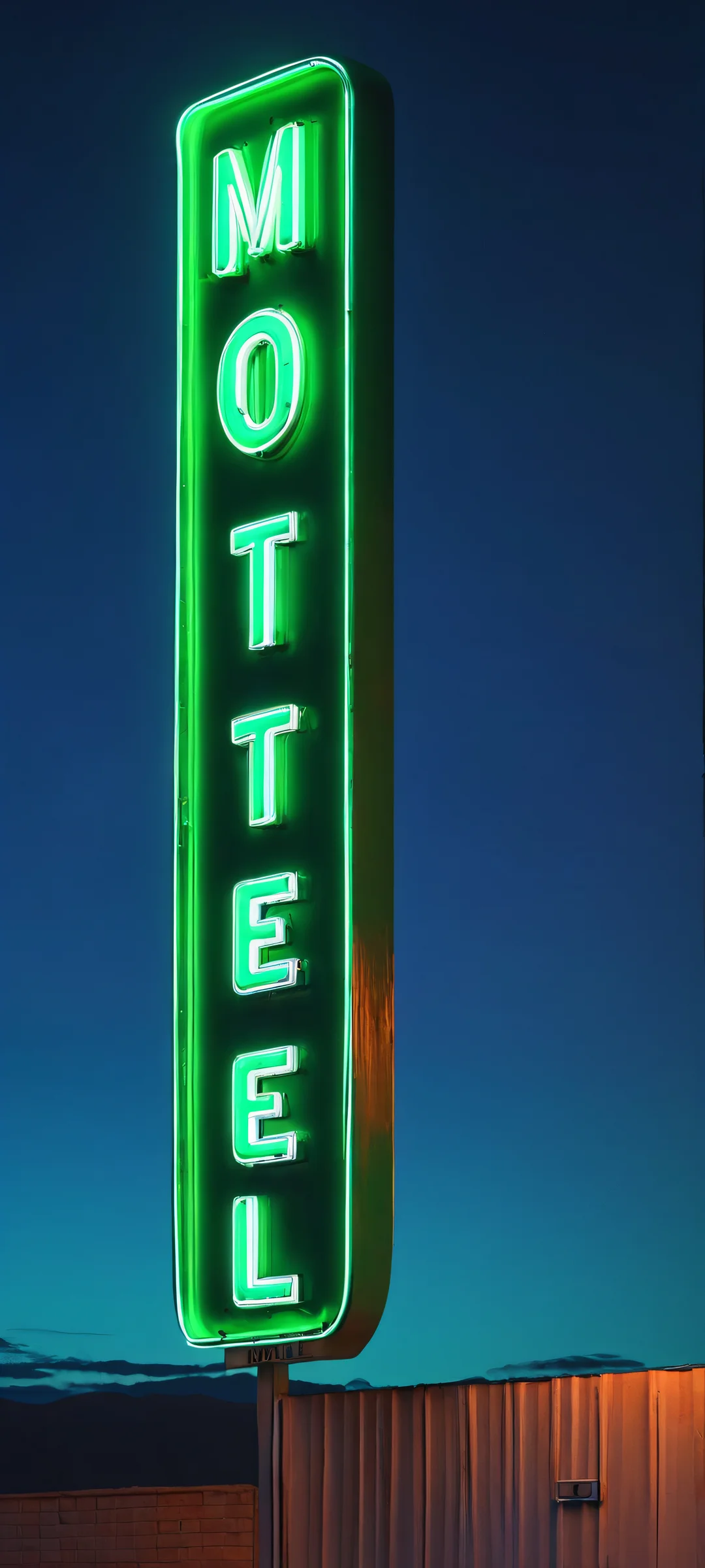 A stunning motel sign under a dark night sky, perfectly lit with vibrant blue and electric green hues, ideal for iPhone/Android.