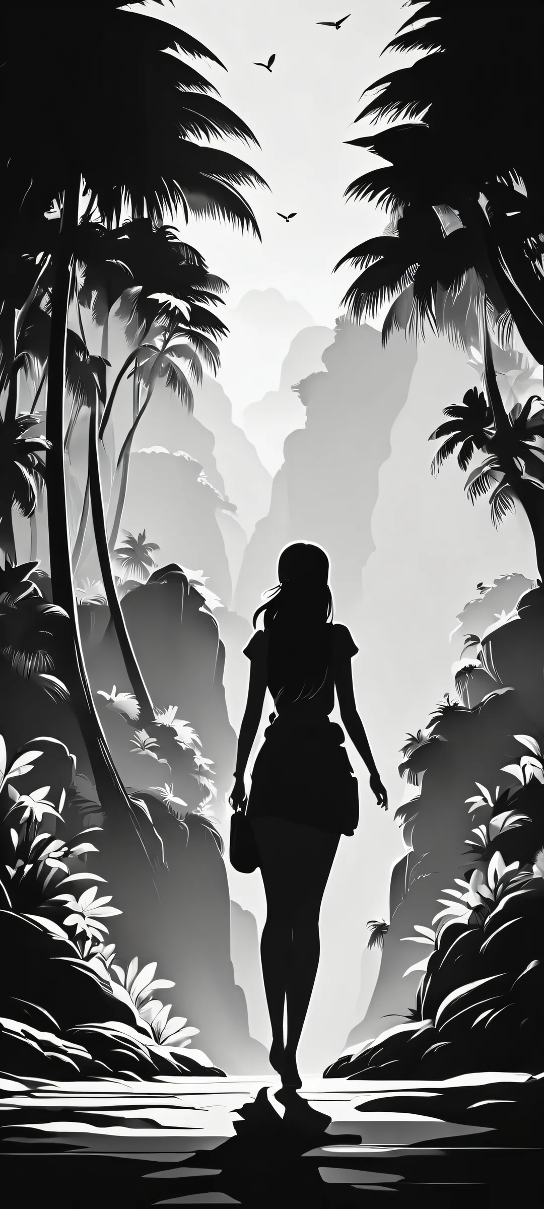 A majestic illustration of a mystical oasis at dusk, perfectly suited for iPhone and Android home screens.