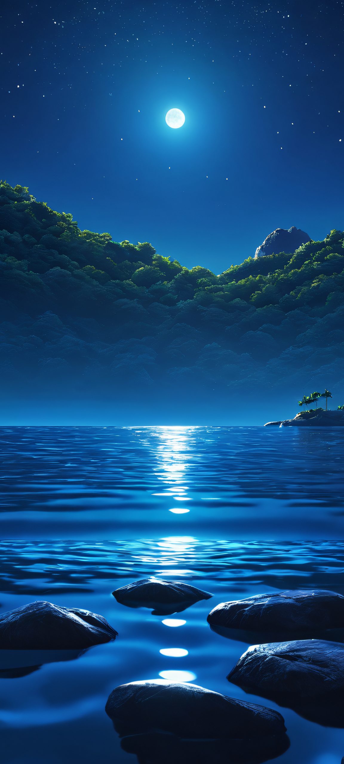 iPhone and Android users, immerse yourself in the tranquility of the Water's Edge at night, where the primary color is a deep #2F4F7F and the secondary color is a soothing #87CEEB