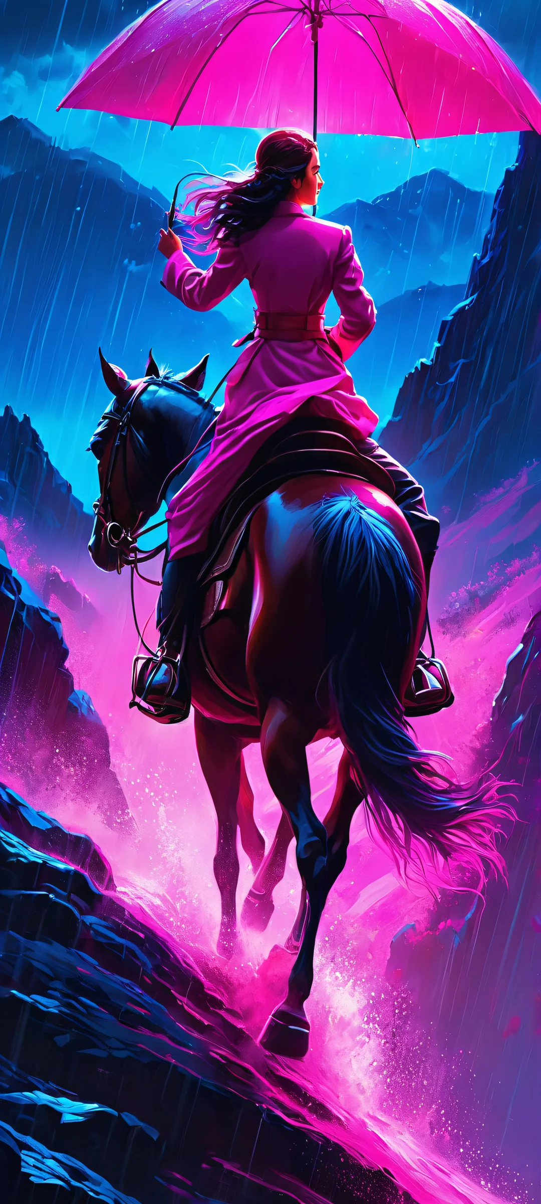 Beautiful woman riding horse in a rainy storm at midnight, iPhone/Android wallpaper with neon pink and electric blue colors.