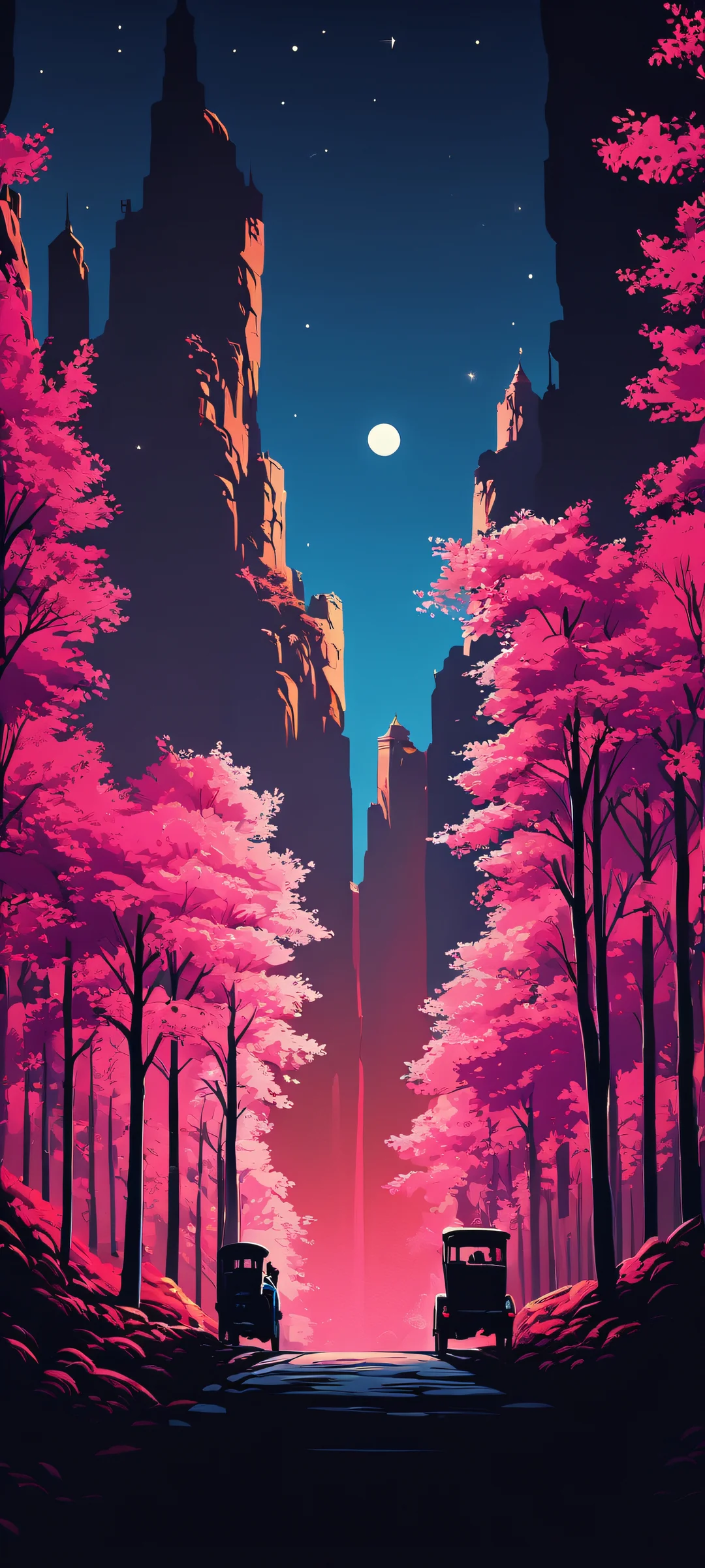 Breathtaking vertical mobile phone wallpaper featuring high contrast illustration of noir-style cityscape with iPhone/Android in perfect harmony.