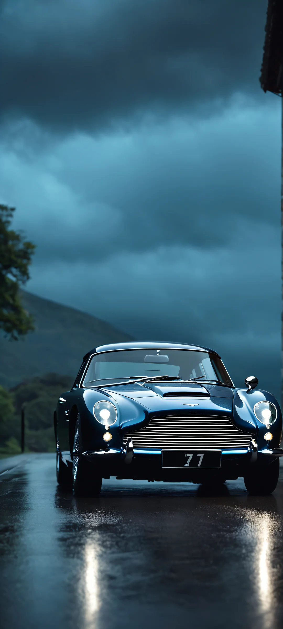 Aston Martin parked under a cloudy night sky with blue and black hues, iPhone/Android compatible.