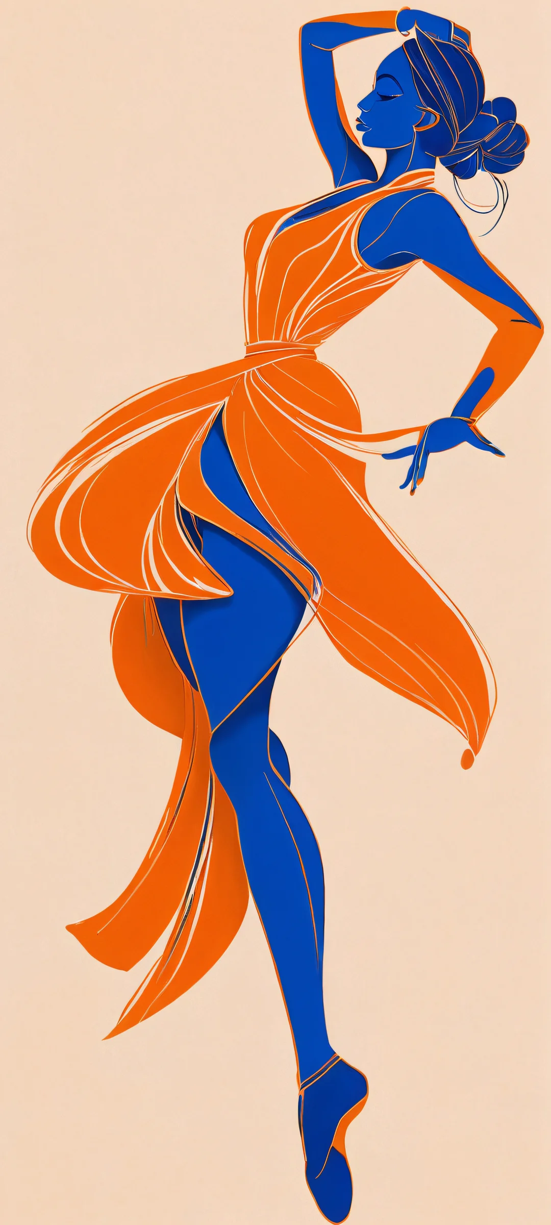 Midnight Waltz 2K Mobile Background iPhone and Android user can unlock this breathtaking dancer pose on a vibrant abstract background with blue and orange hues.