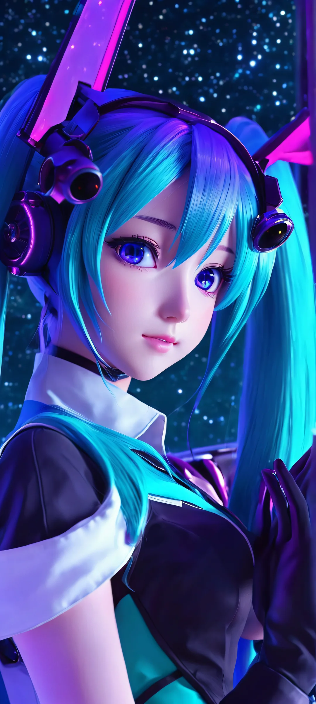 Hatsune Miku in a stunning space setting, perfect for iPhone and Android devices.
