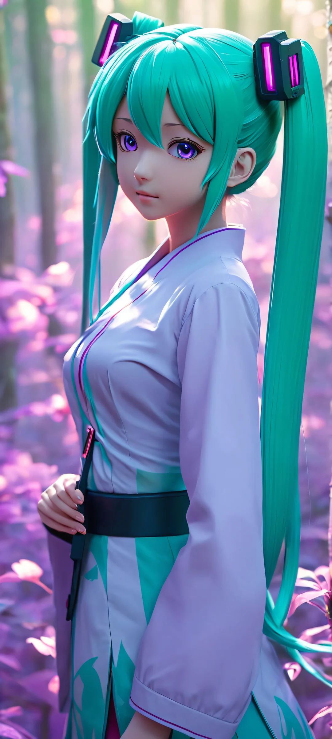 Hatsune Miku in a misty forest at twilight, iPhone/Android wallpaper, creepy atmosphere, purple and green hues.