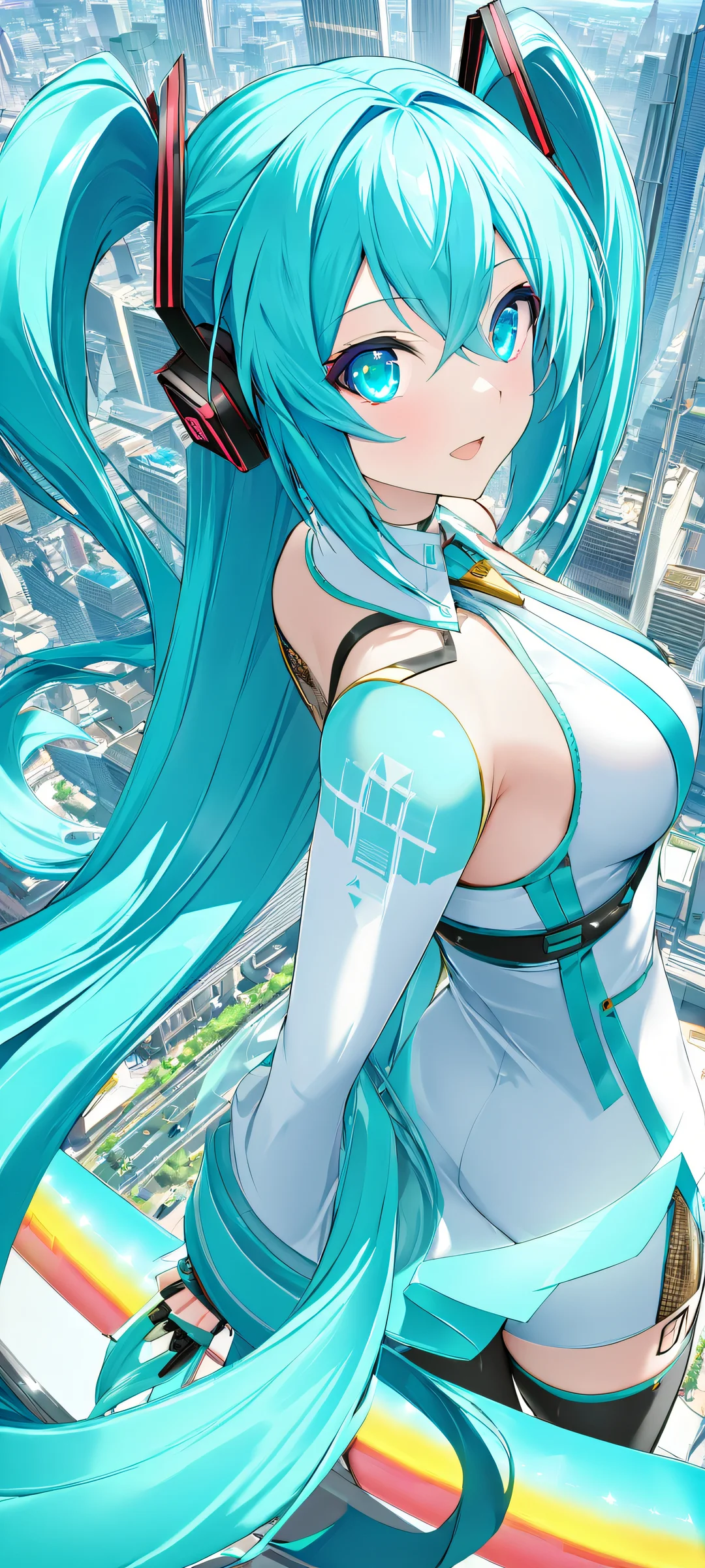 Vocaloid Hatsune Miku surrounded by cityscapes on a bright and sunny day, perfectly optimized for iPhone and Android devices.
