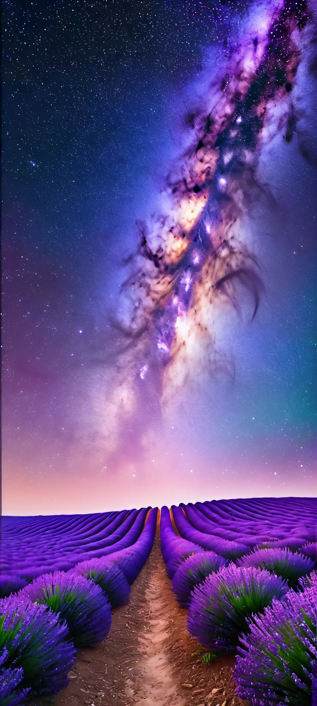iPhone and Android compatible wallpaper featuring the majestic Milky Way against a serene lavender field - perfect for your phone's home screen.