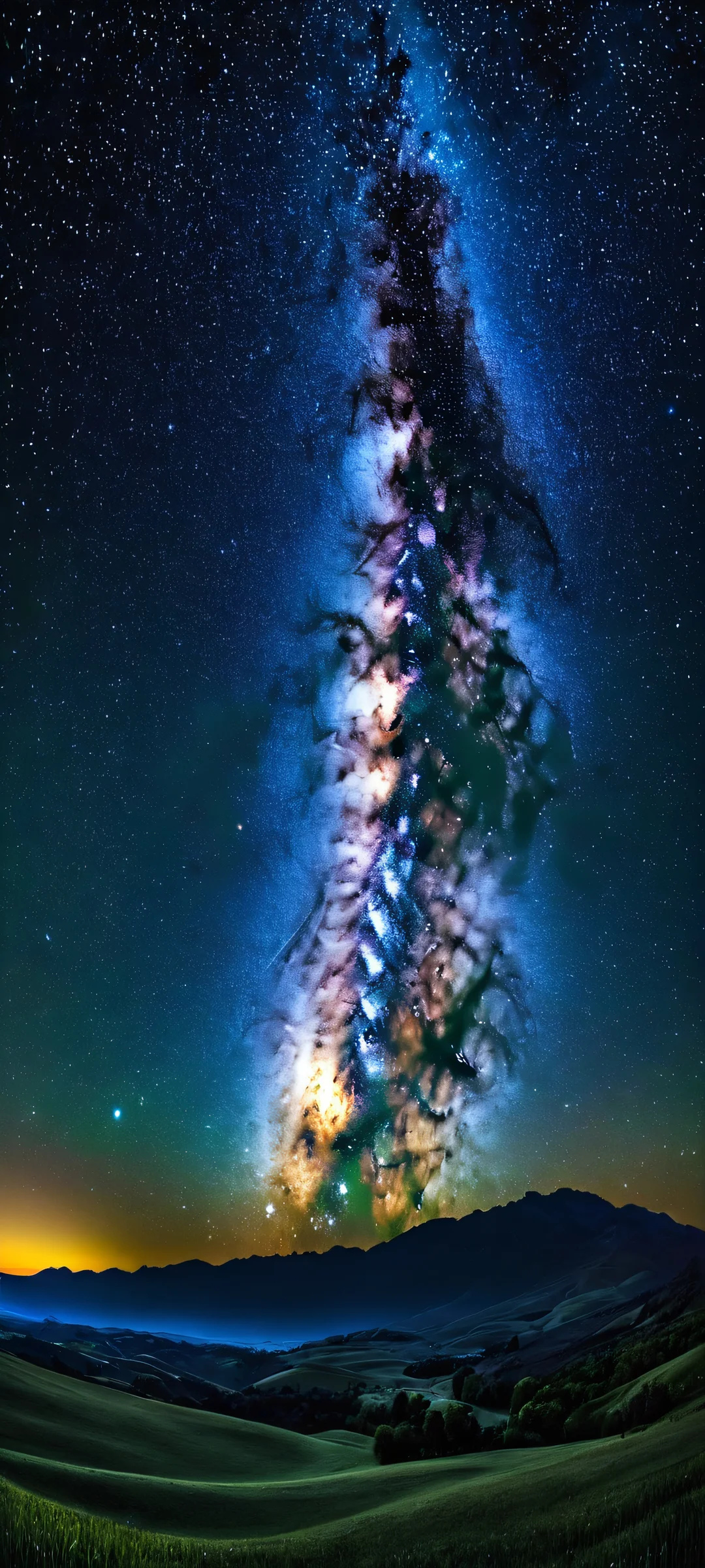 Cosmic Panorama 2K Mobile Background Stunning Milky Way panorama with dark field valley and twinkling night sky. Perfect for iPhone/Android home screens.