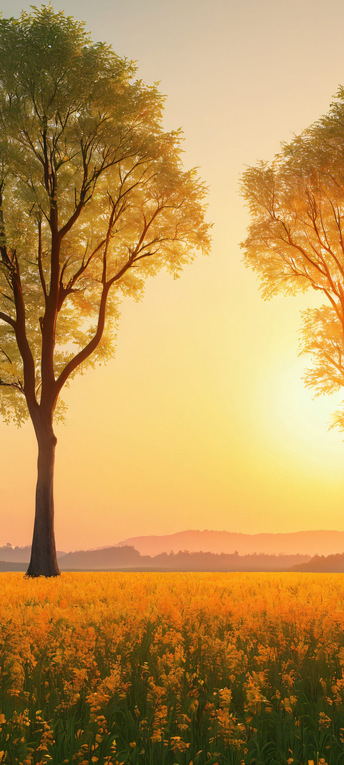 Beautifully lit trees in a serene field, perfect for iPhone and Android home screens