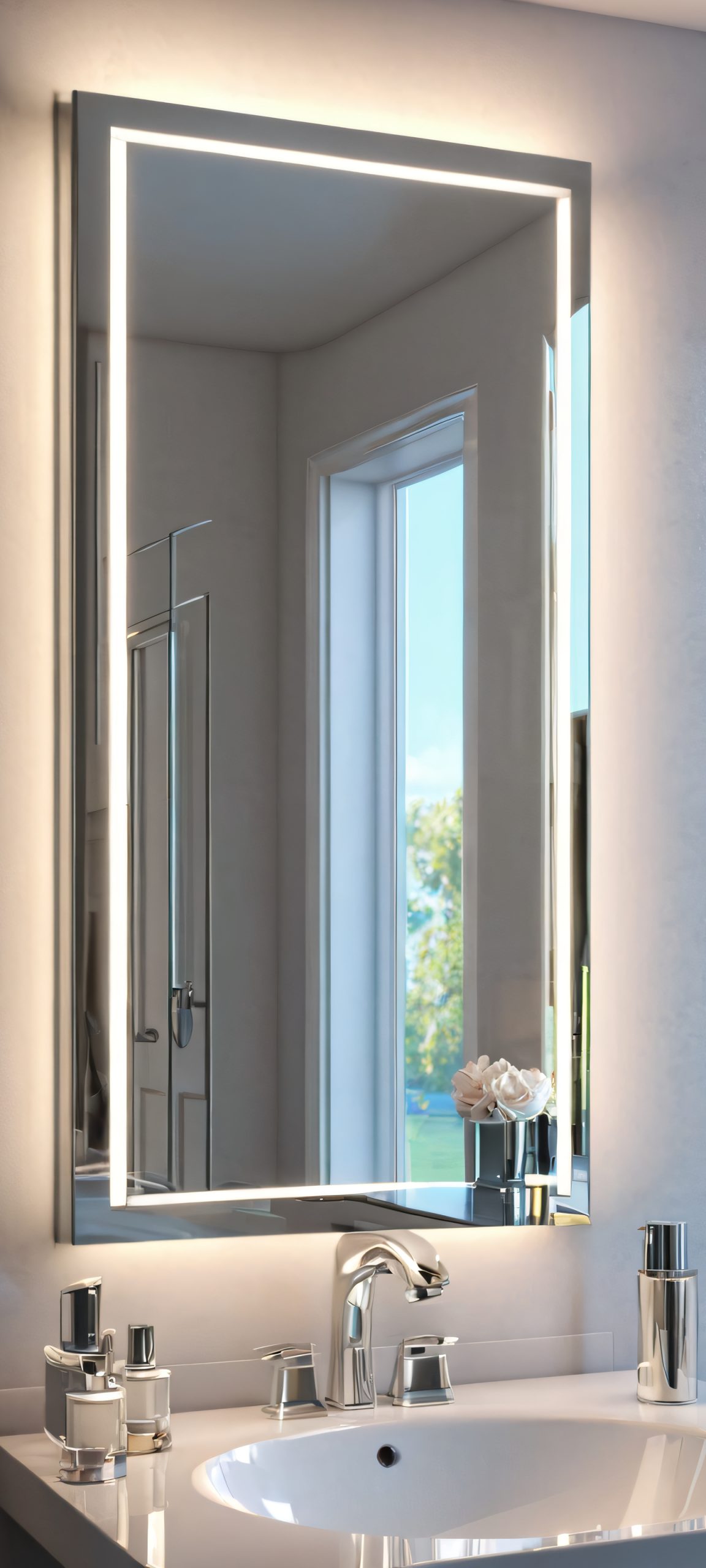 A serene bathroom scene for your iPhone/Android, featuring a stunning mirror reflection.