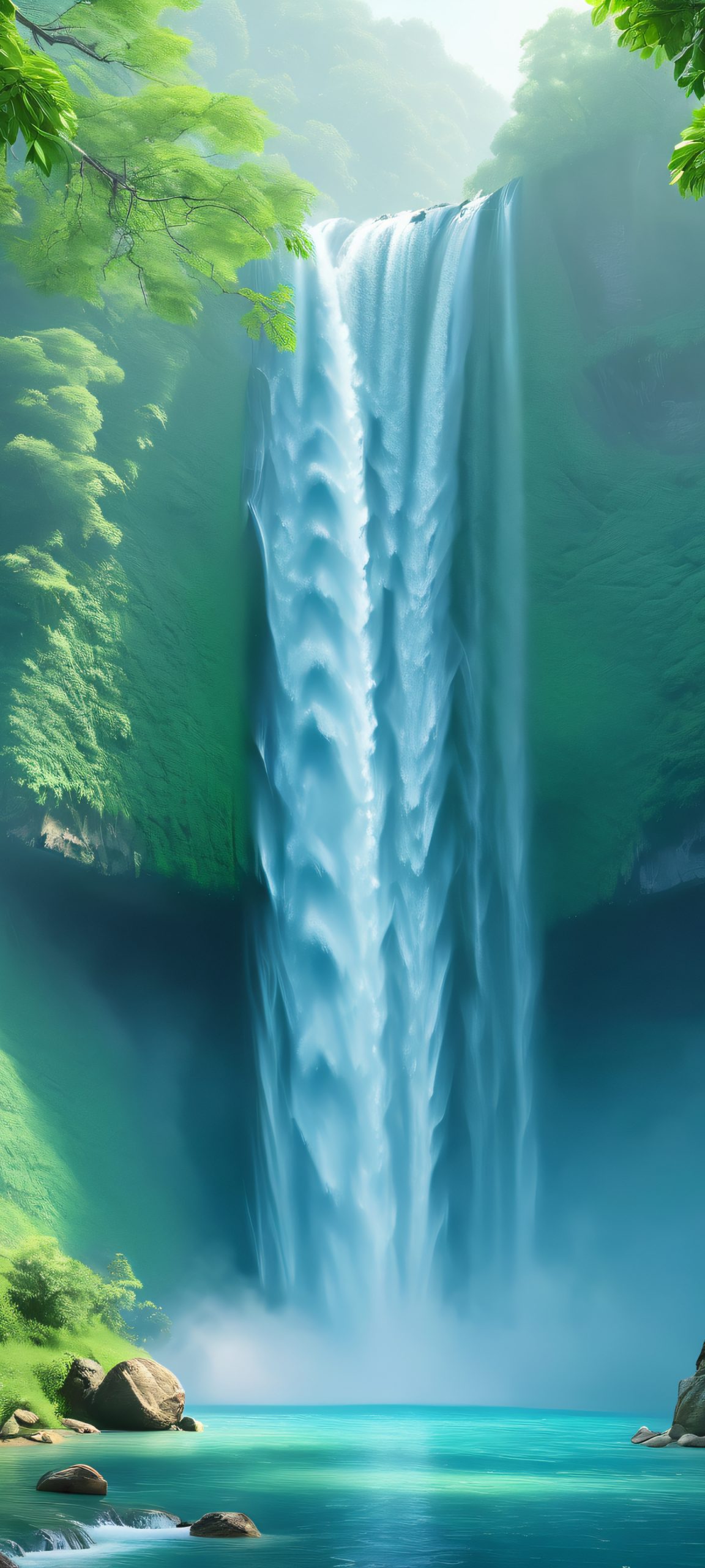 iPhone and Android mobile wallpaper of a serene waterfall surrounded by lush greenery, misty canyon and gray rocky formations, perfect for home screens.