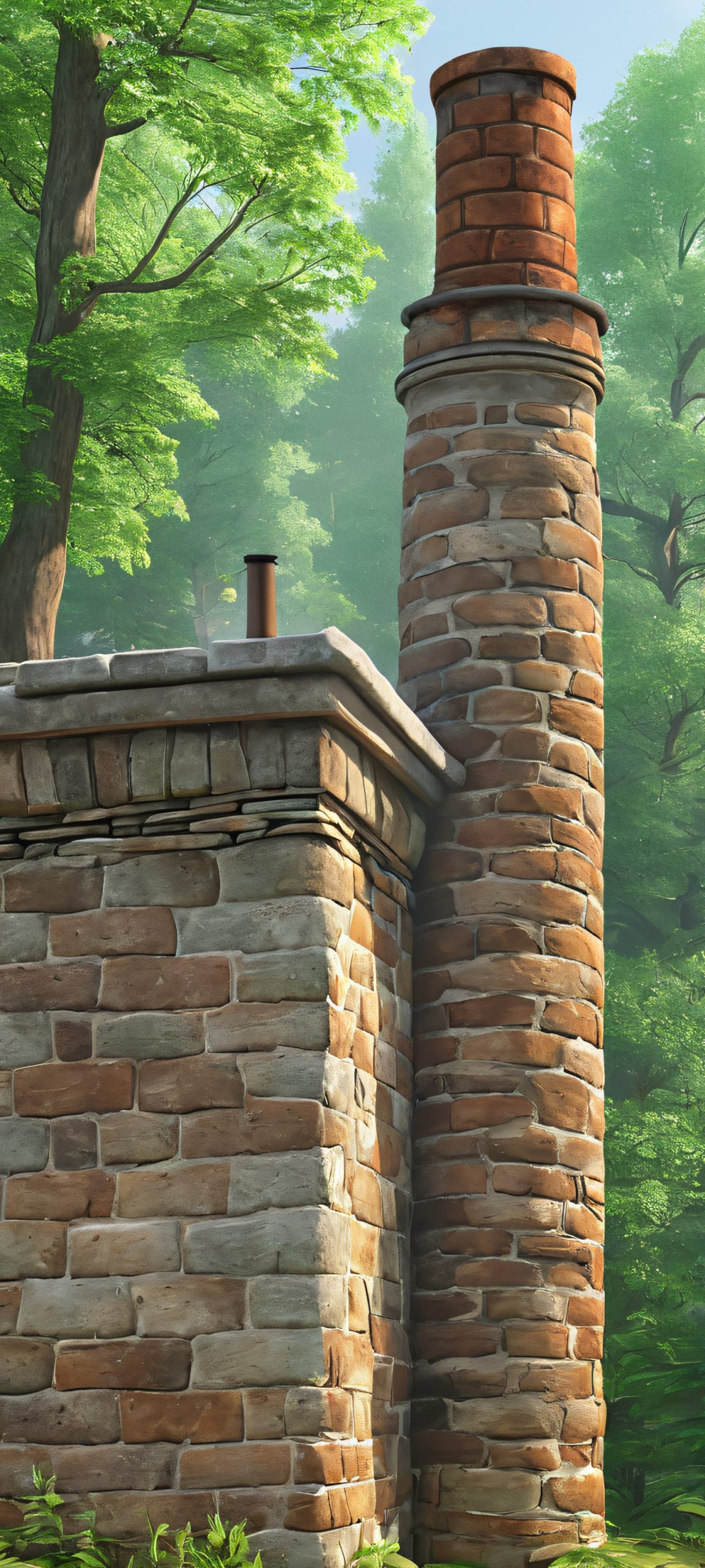 A serene and peaceful forest scene featuring a chimney amidst the trees, perfect for an iPhone or Android wallpaper.