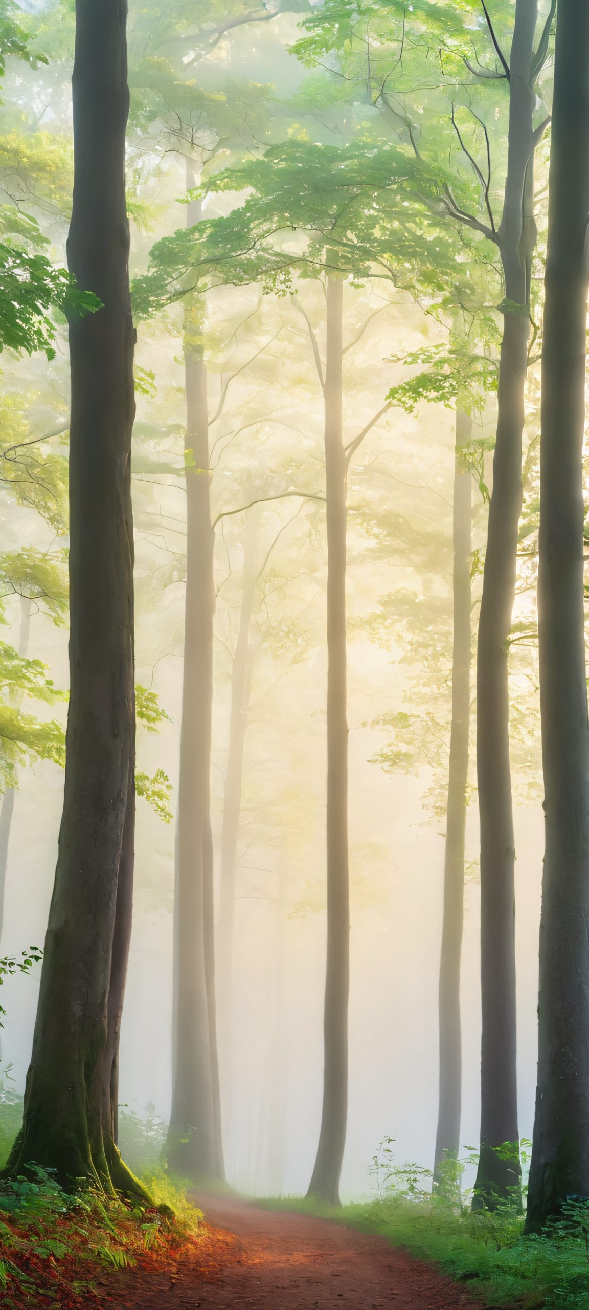 iPhone/Android wallpaper of misty forest trees, perfectly captured in soft focus with a hint of golden light, ideal for your mobile phone home screen