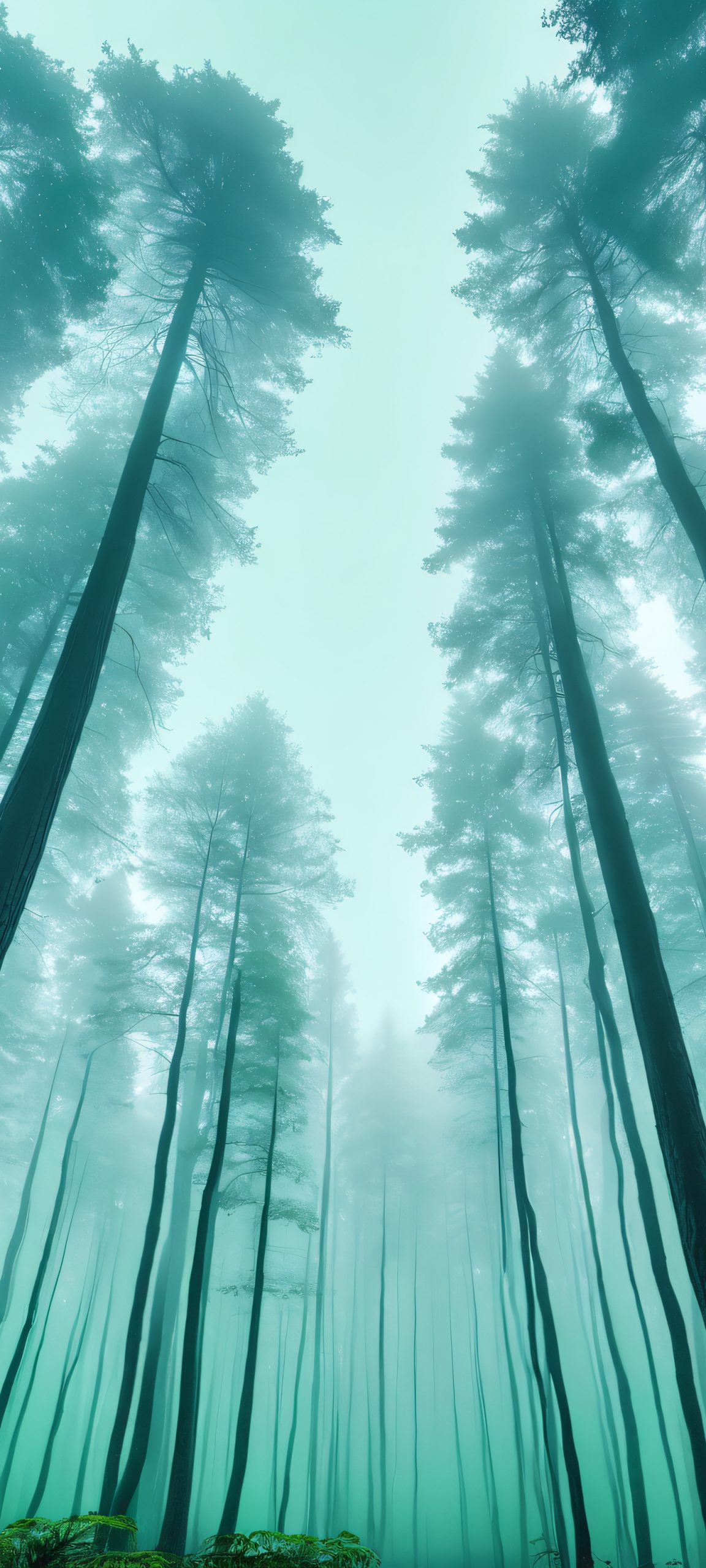 Ethereal tall trees standing tall in a misty forest, perfectly optimized for iPhone, Samsung Galaxy, and Android home screens.