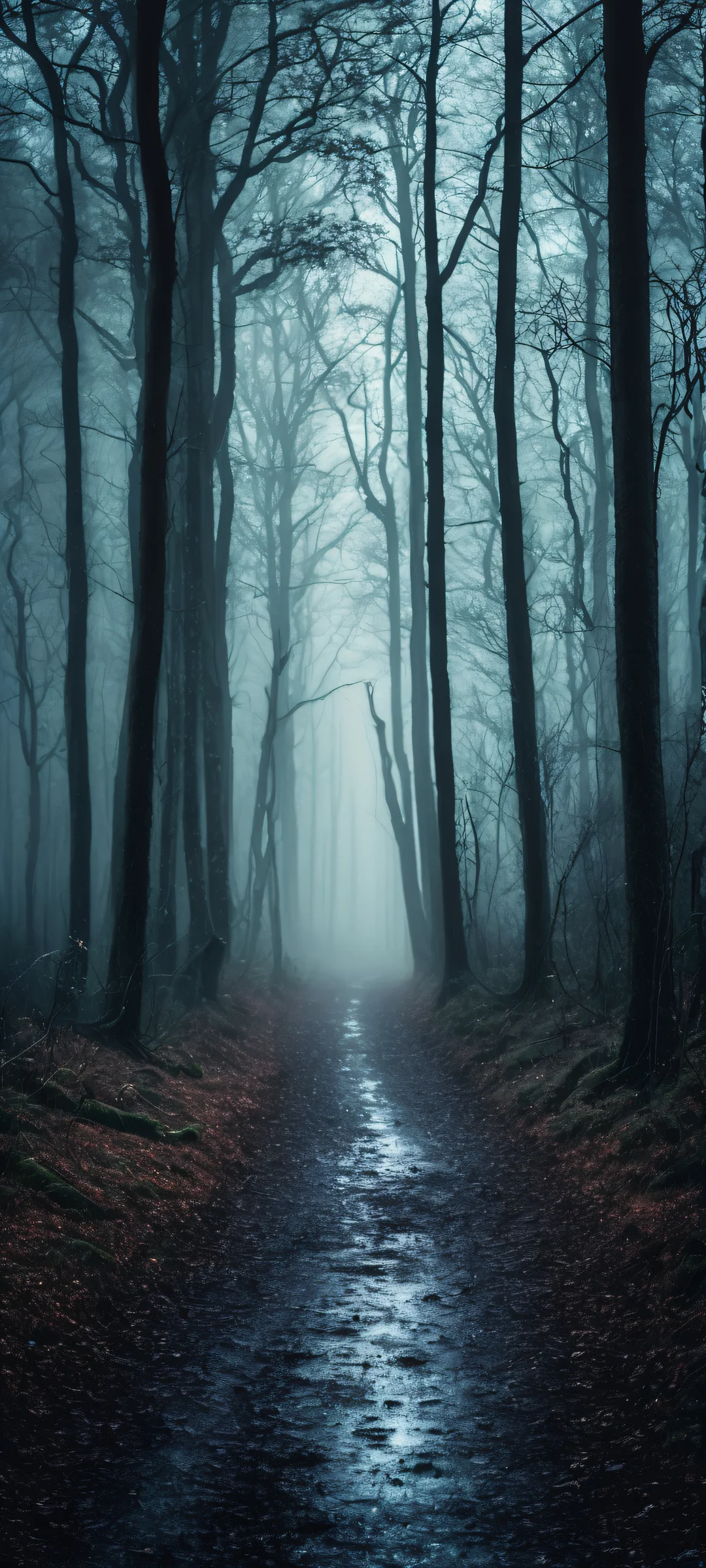 A dark and moody misty forest at dawn, perfectly optimized for iPhone and Android home screens.